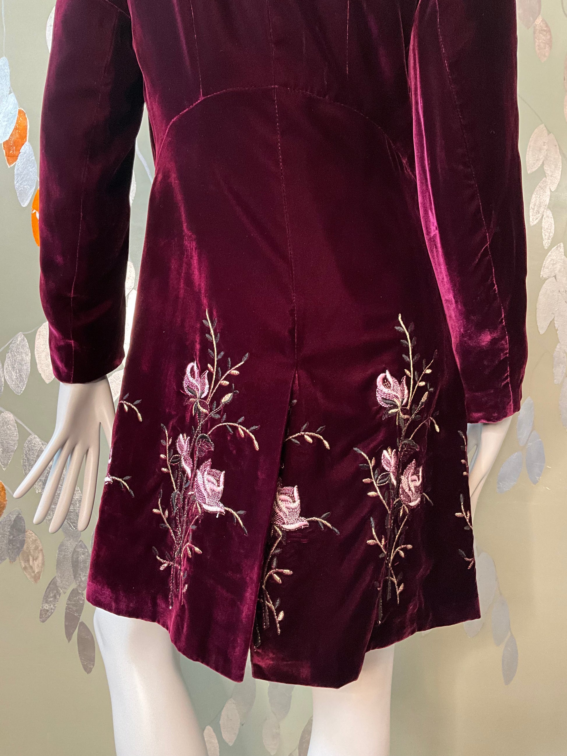 Favourbrook London Maroon Velvet Embroidered Coat with Faux Fur Collar, Small 