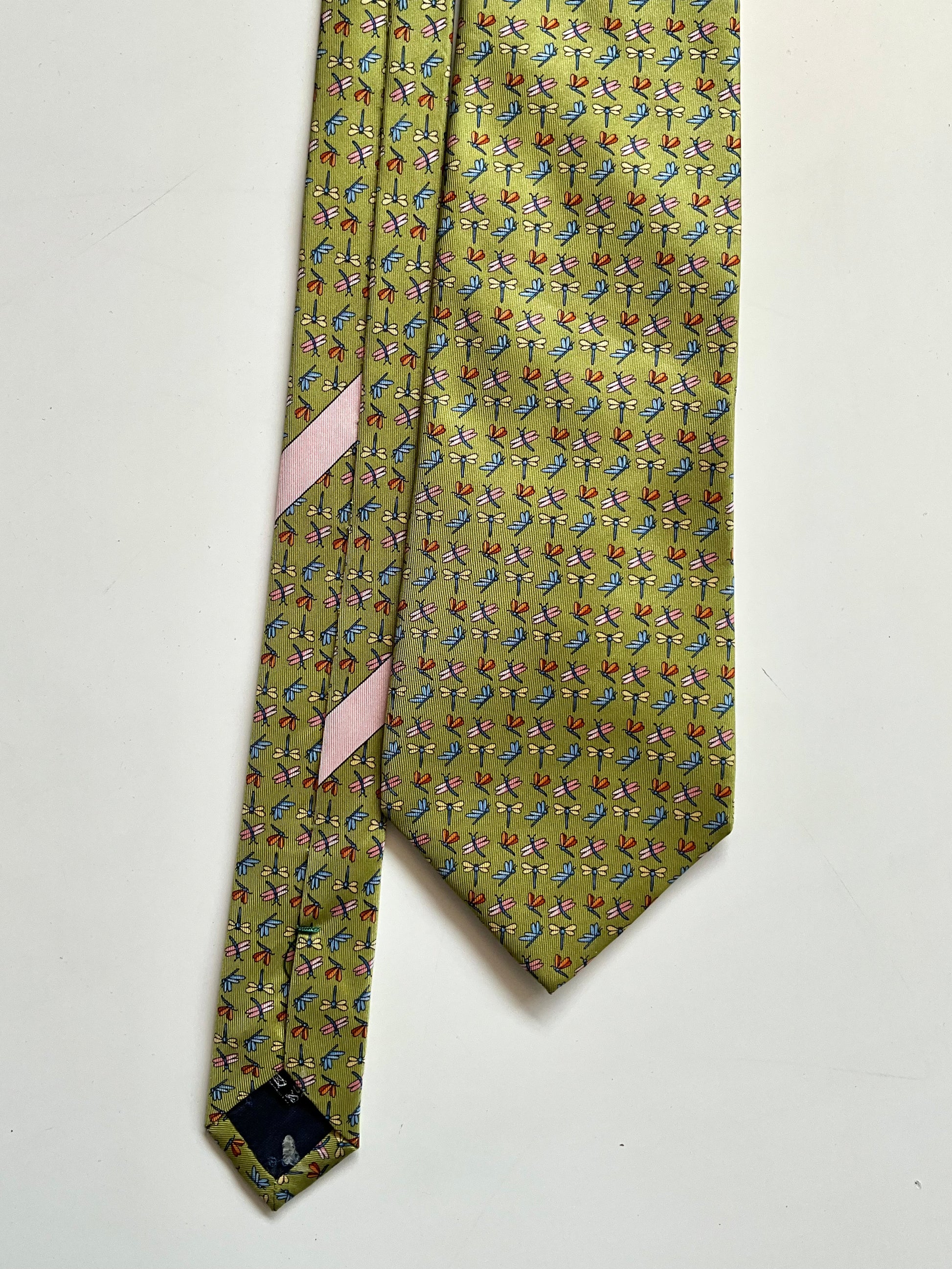 Vintage 1990s Salvatore Ferragamo Green Silk Dragonfly Print Necktie