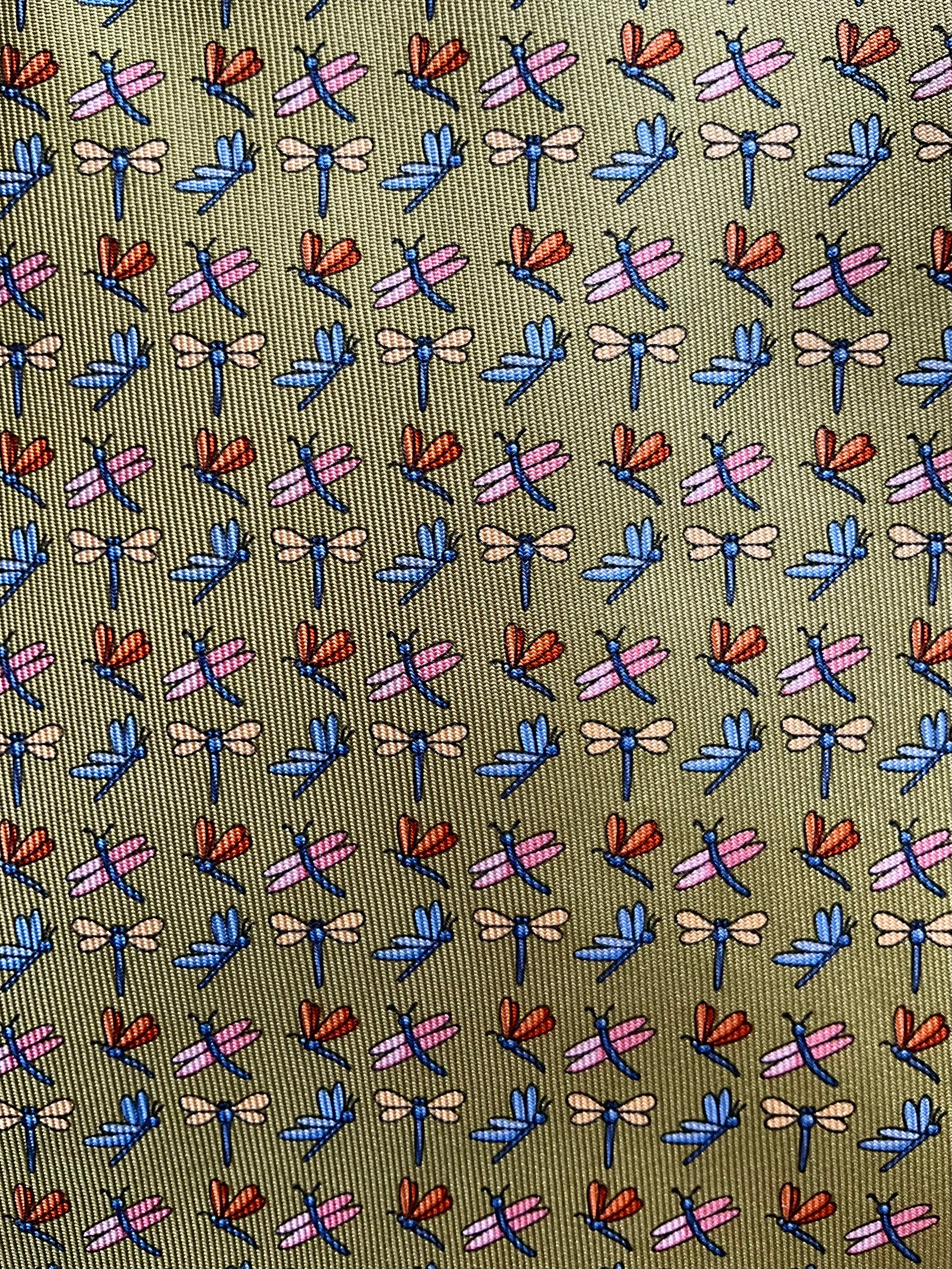 Vintage 1990s Salvatore Ferragamo Green Silk Dragonfly Print Necktie