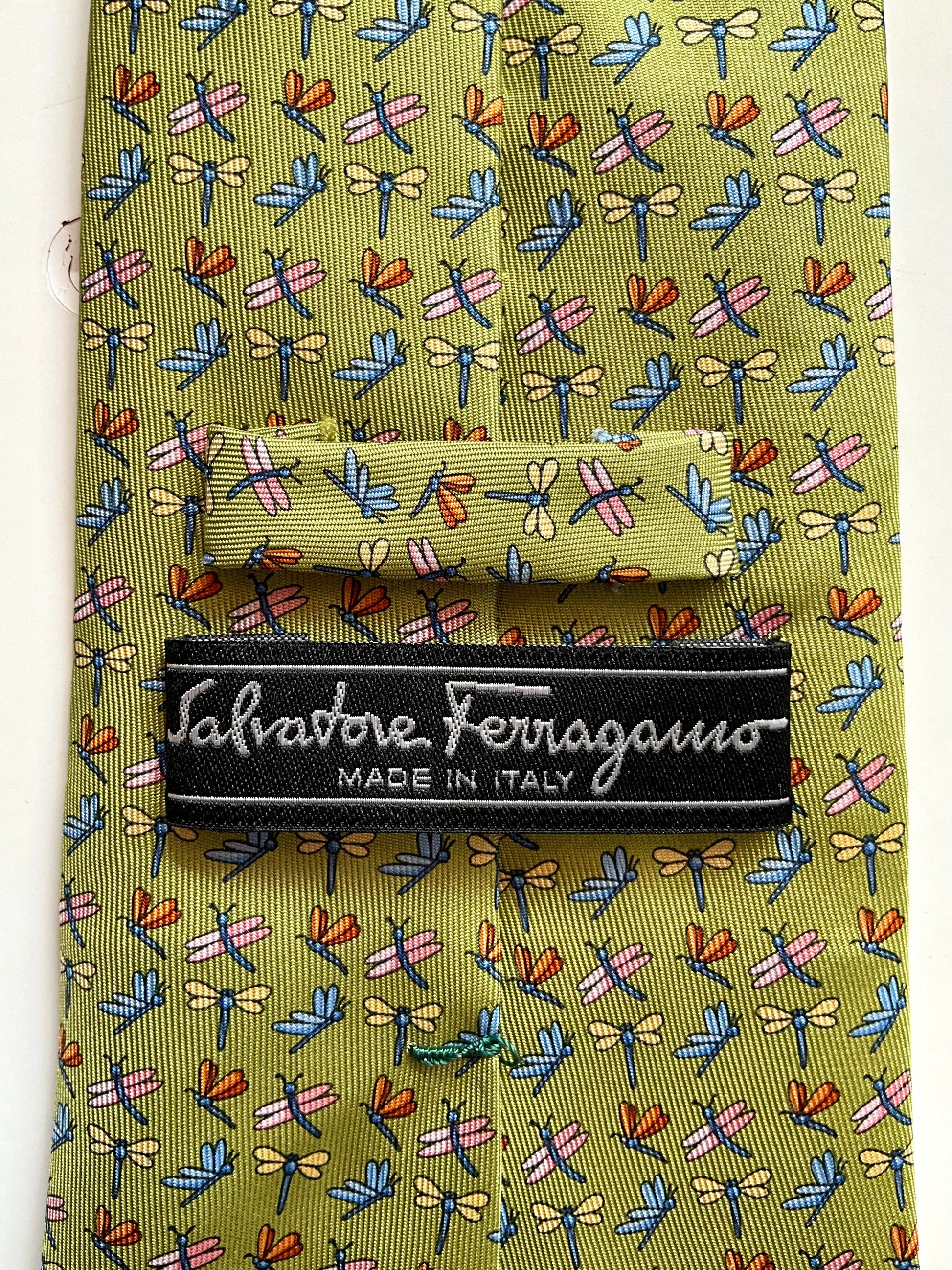 Vintage 1990s Salvatore Ferragamo Green Silk Dragonfly Print Necktie