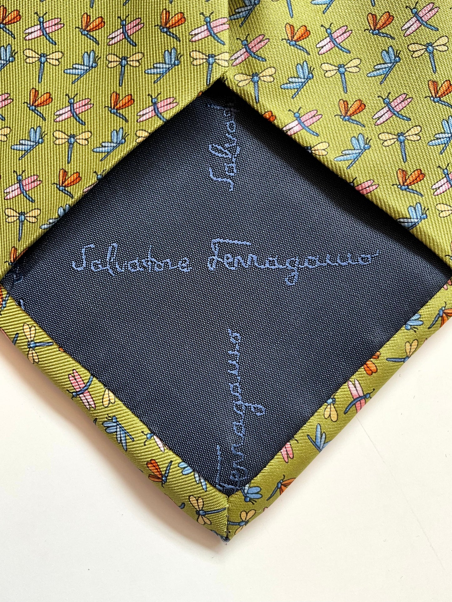 Vintage 1990s Salvatore Ferragamo Green Silk Dragonfly Print Necktie