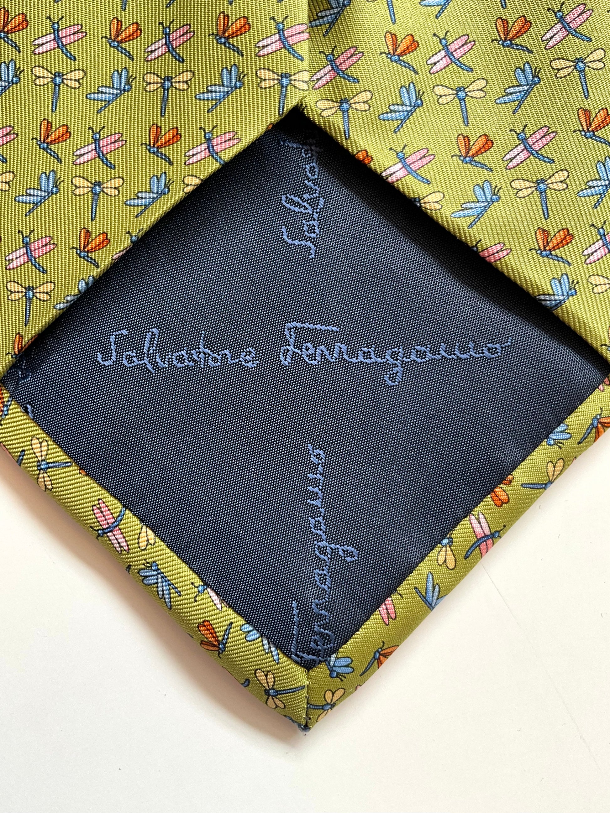 Vintage 1990s Salvatore Ferragamo Green Silk Dragonfly Print Necktie
