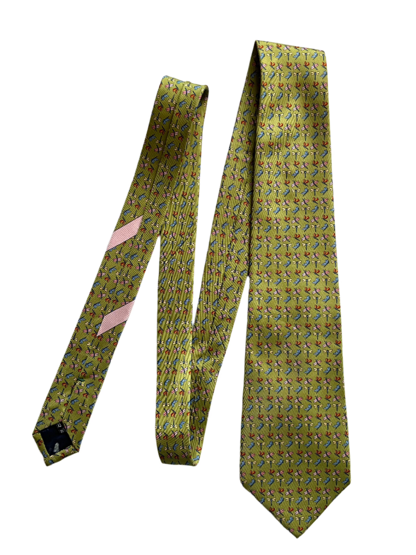 Vintage 1990s Salvatore Ferragamo Green Silk Dragonfly Print Necktie