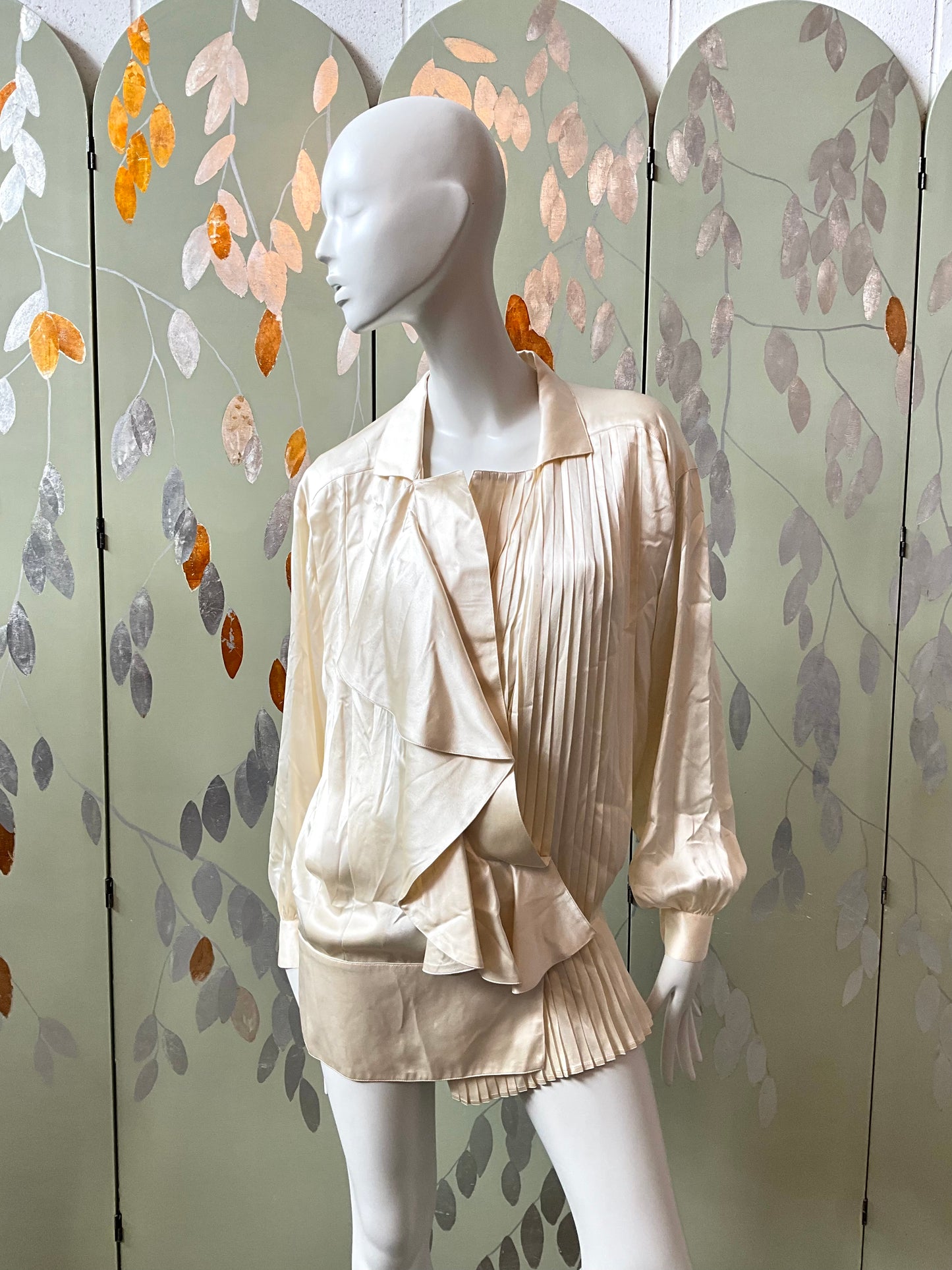 Vintage 1980s Gianfranco Ferré Cream Silk Satin Waterfall Poet Blouse with Pleats, M-L