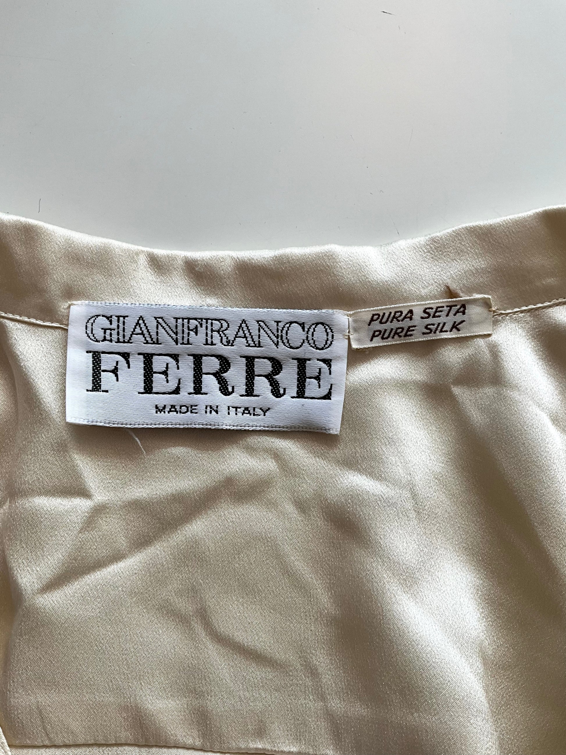 Vintage 1980s Gianfranco Ferré Cream Silk Satin Waterfall Poet Blouse with Pleats, M-L