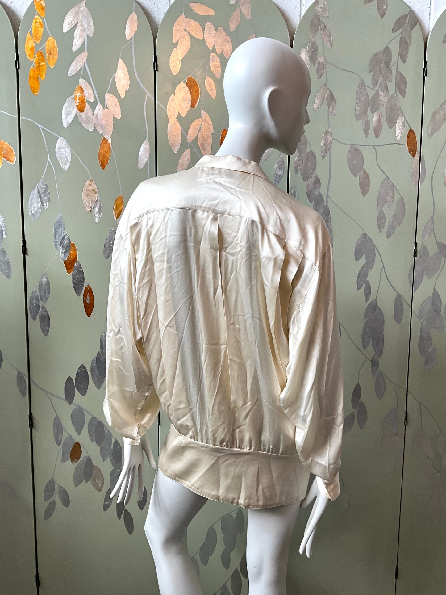 Vintage 1980s Gianfranco Ferré Cream Silk Satin Waterfall Poet Blouse with Pleats, M-L