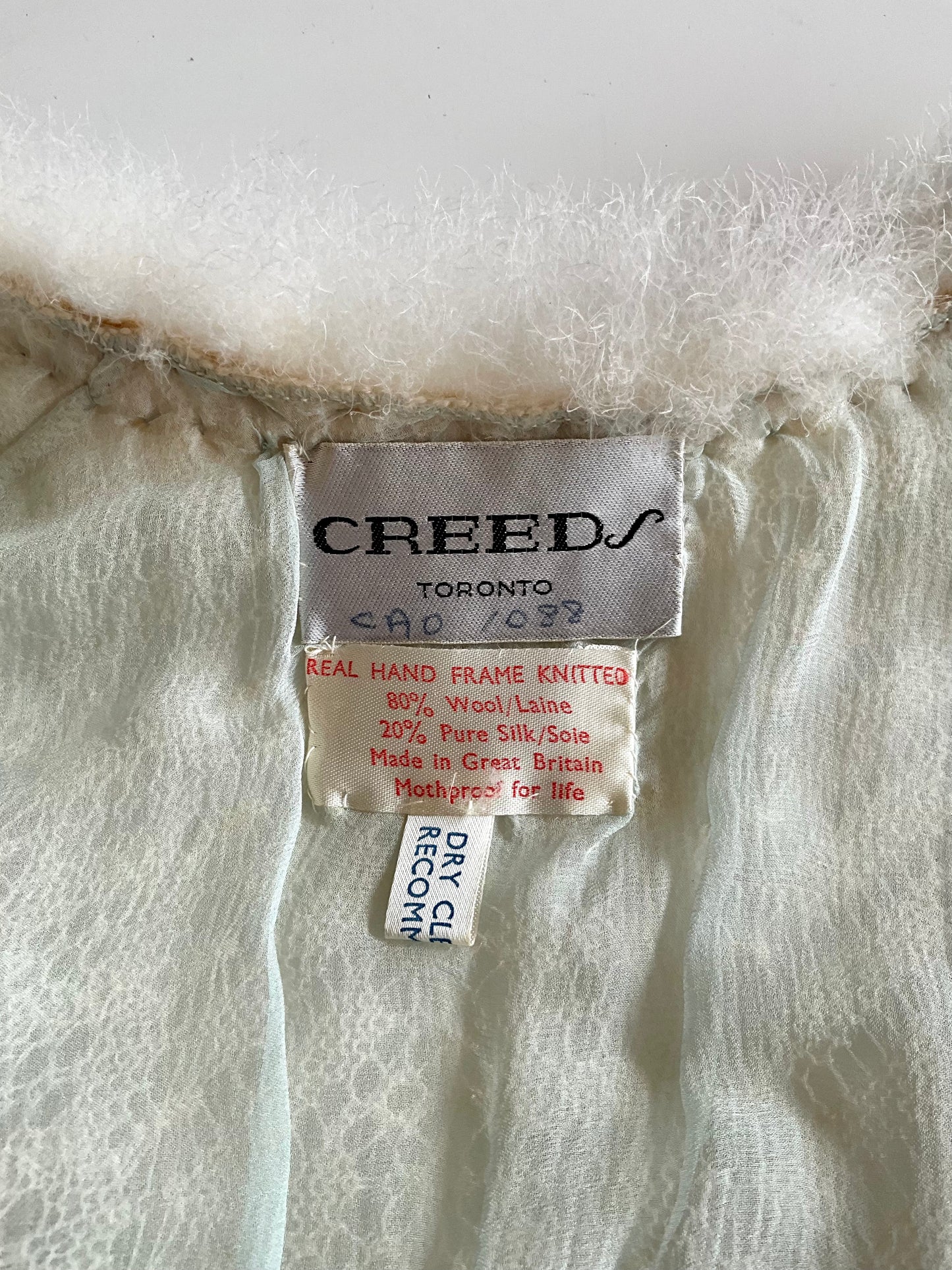 Vintage 1950s Cream and Blue Knit Bed Jacket with Marabou Trim, Small 