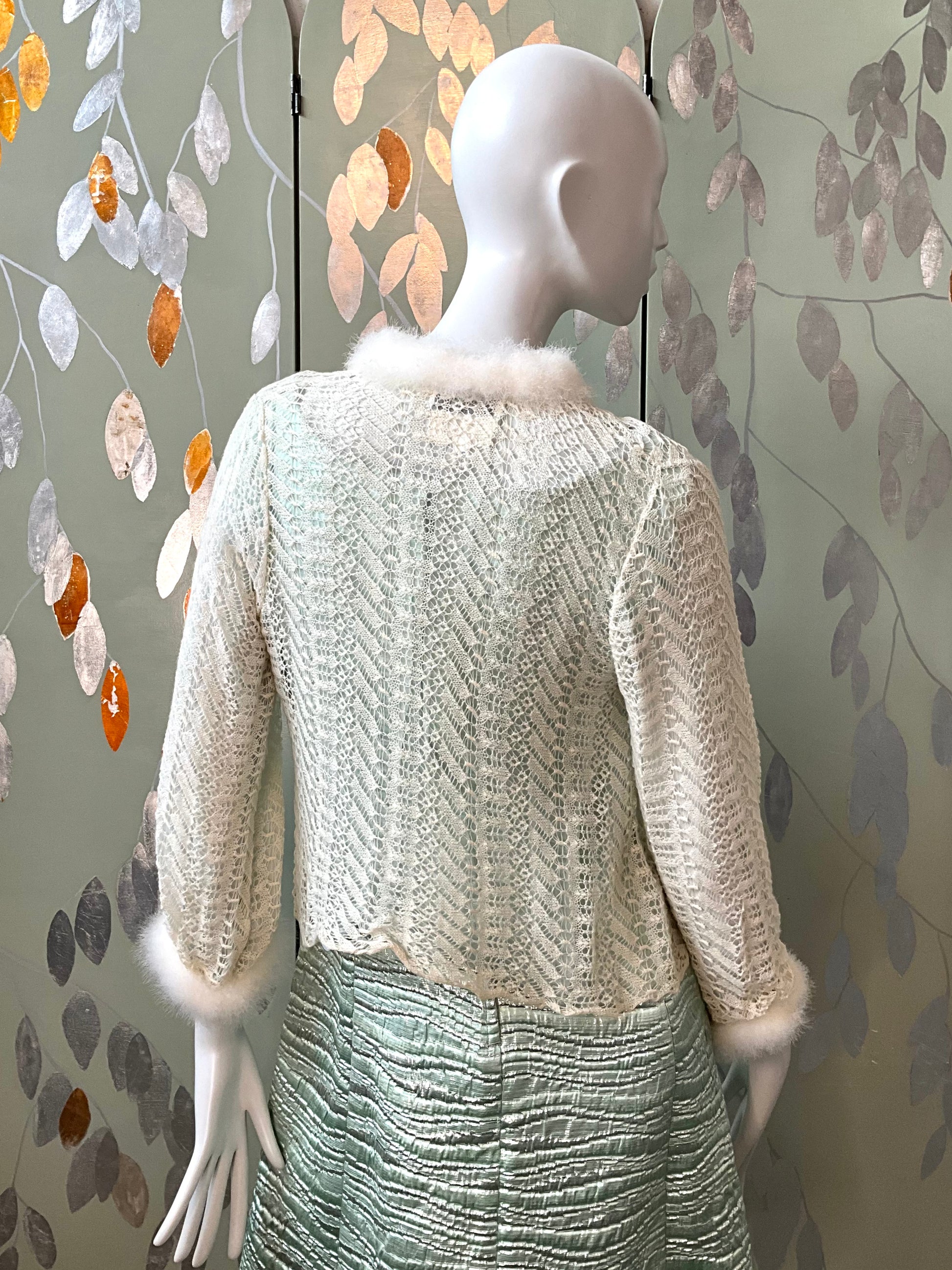 Vintage 1950s Cream and Blue Knit Bed Jacket with Marabou Trim, Small 