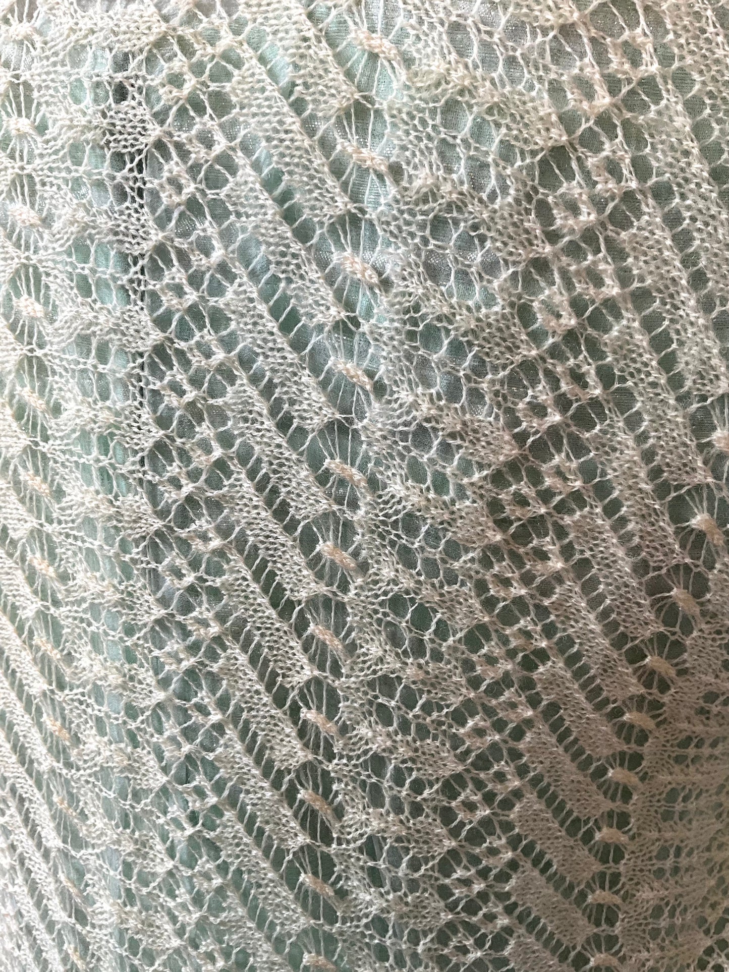 Vintage 1950s Cream and Blue Knit Bed Jacket with Marabou Trim, Small 