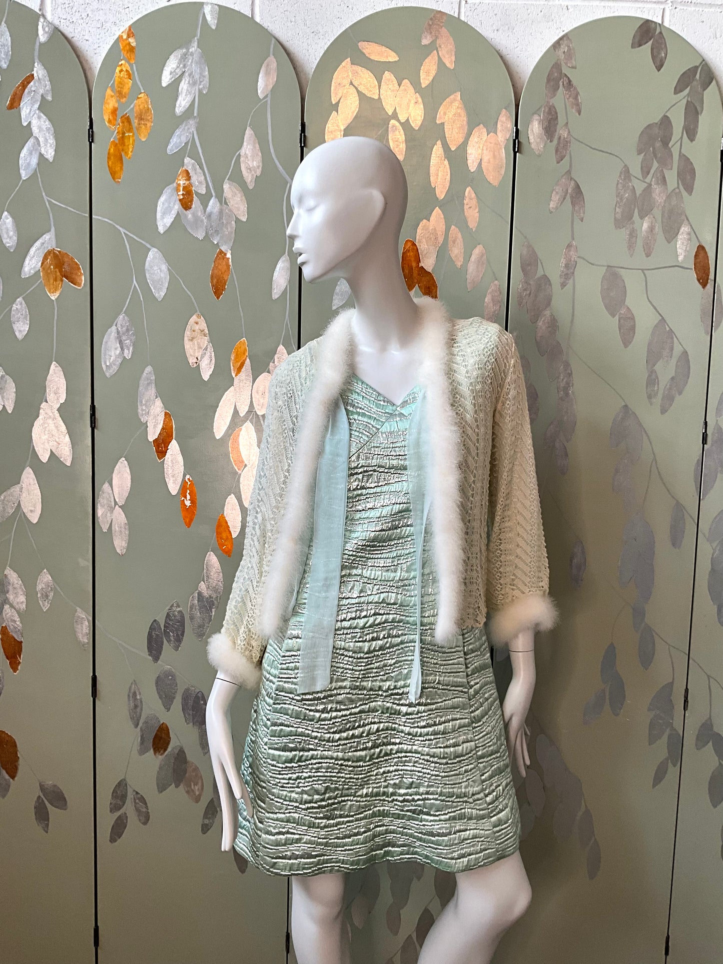 Vintage 1950s Cream and Blue Knit Bed Jacket with Marabou Trim, Small 