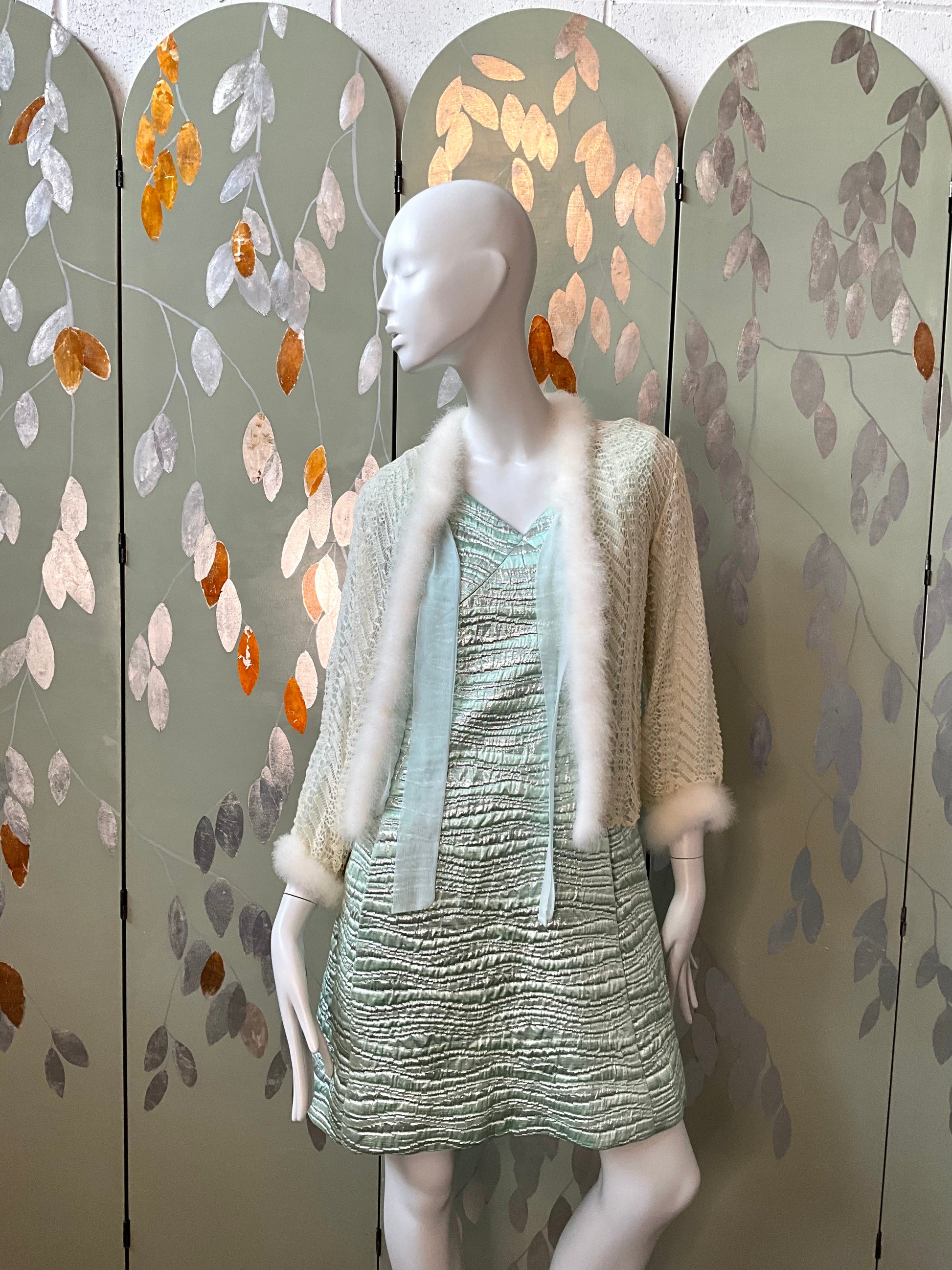 Vintage 1950s Cream and Blue Knit Bed Jacket with Marabou Trim, Small 