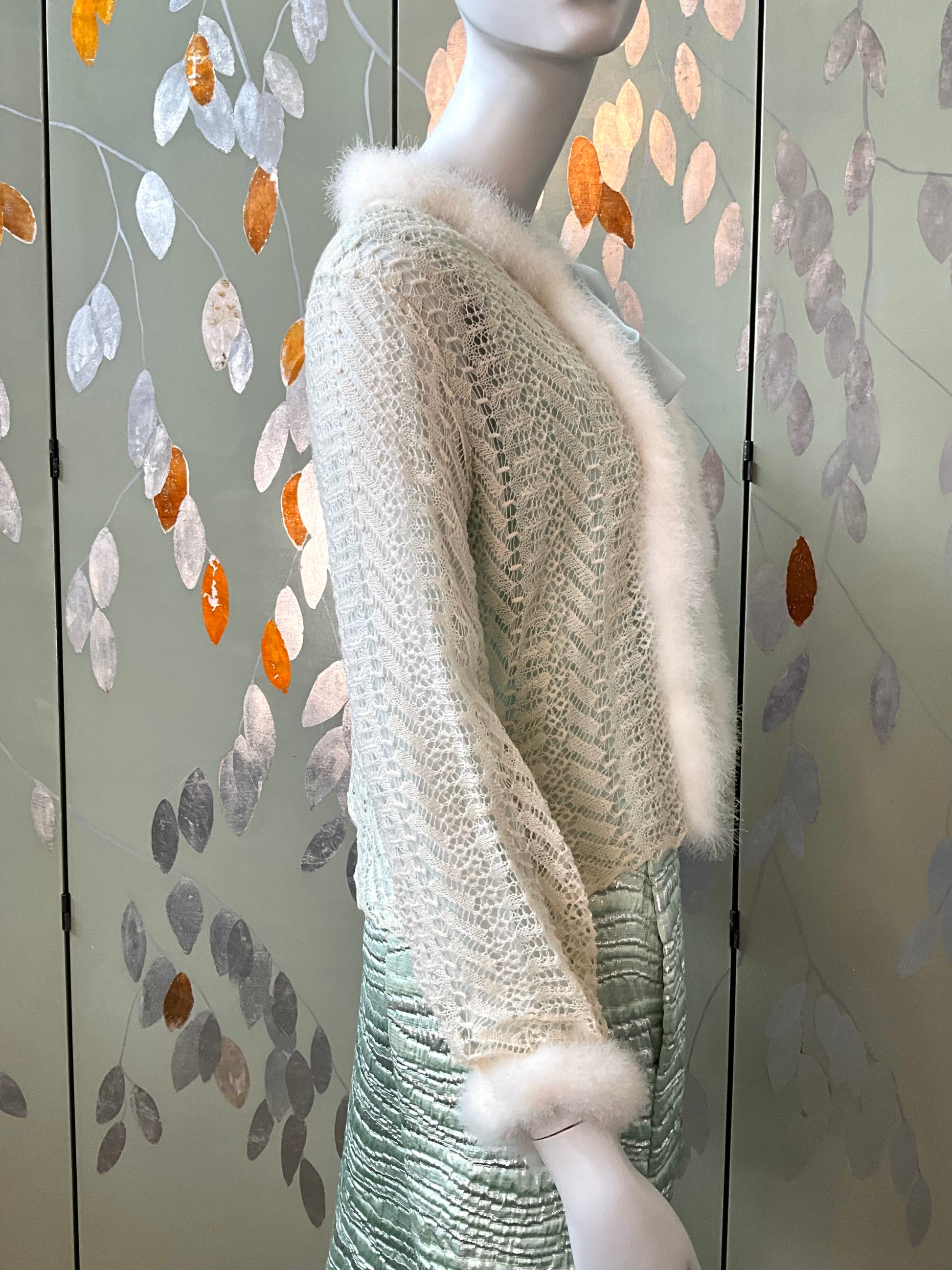 Vintage 1950s Cream and Blue Knit Bed Jacket with Marabou Trim, Small 