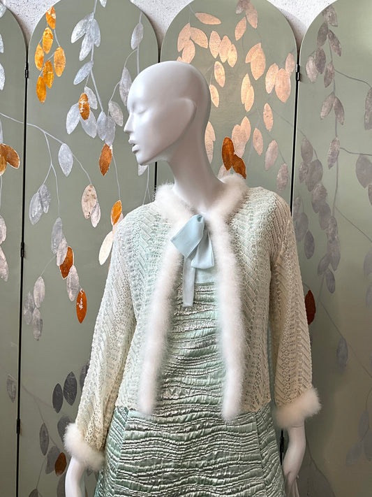Vintage 1950s Cream and Blue Knit Bed Jacket with Marabou Trim, Small 