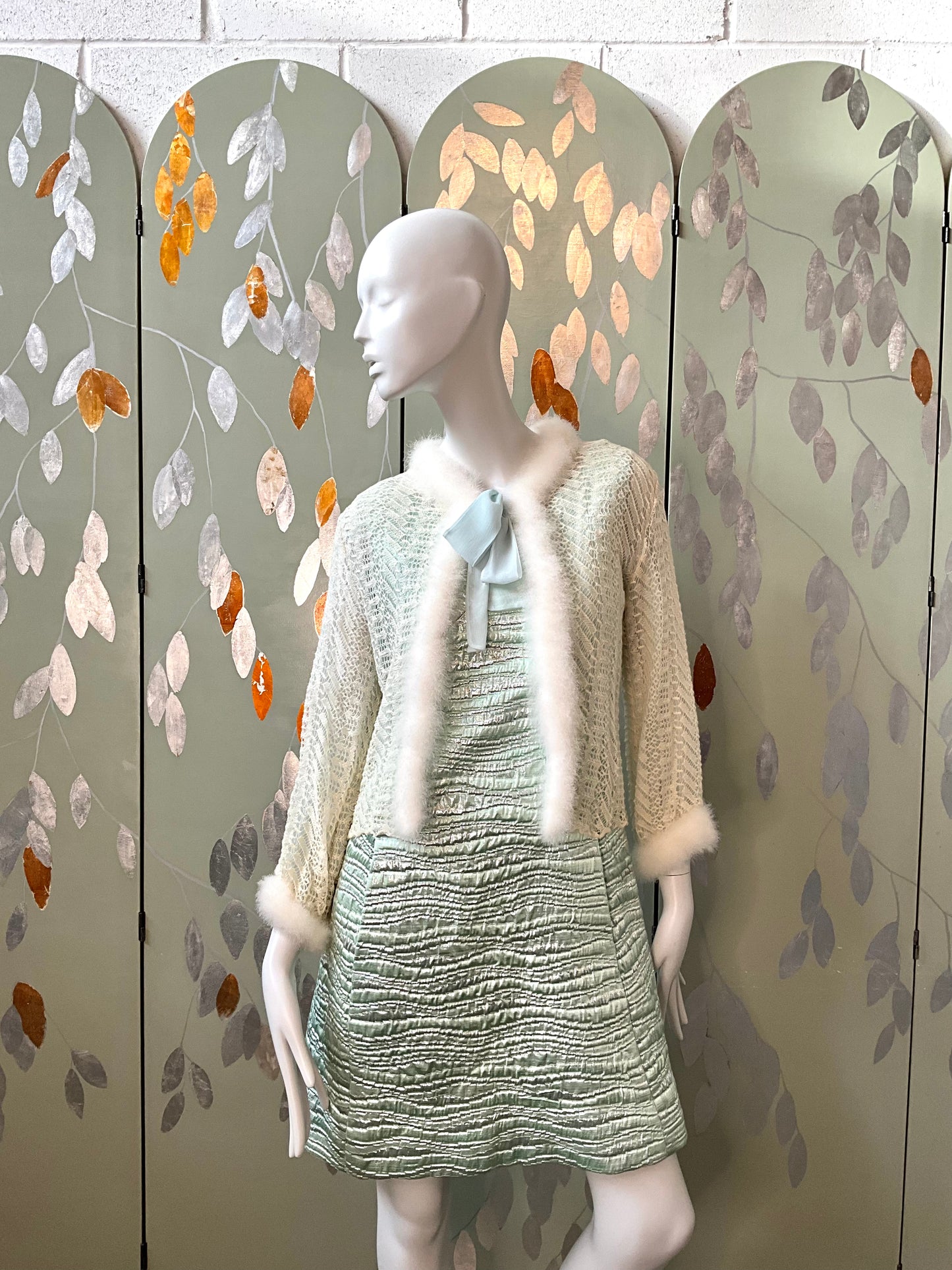 Vintage 1950s Cream and Blue Knit Bed Jacket with Marabou Trim, Small 