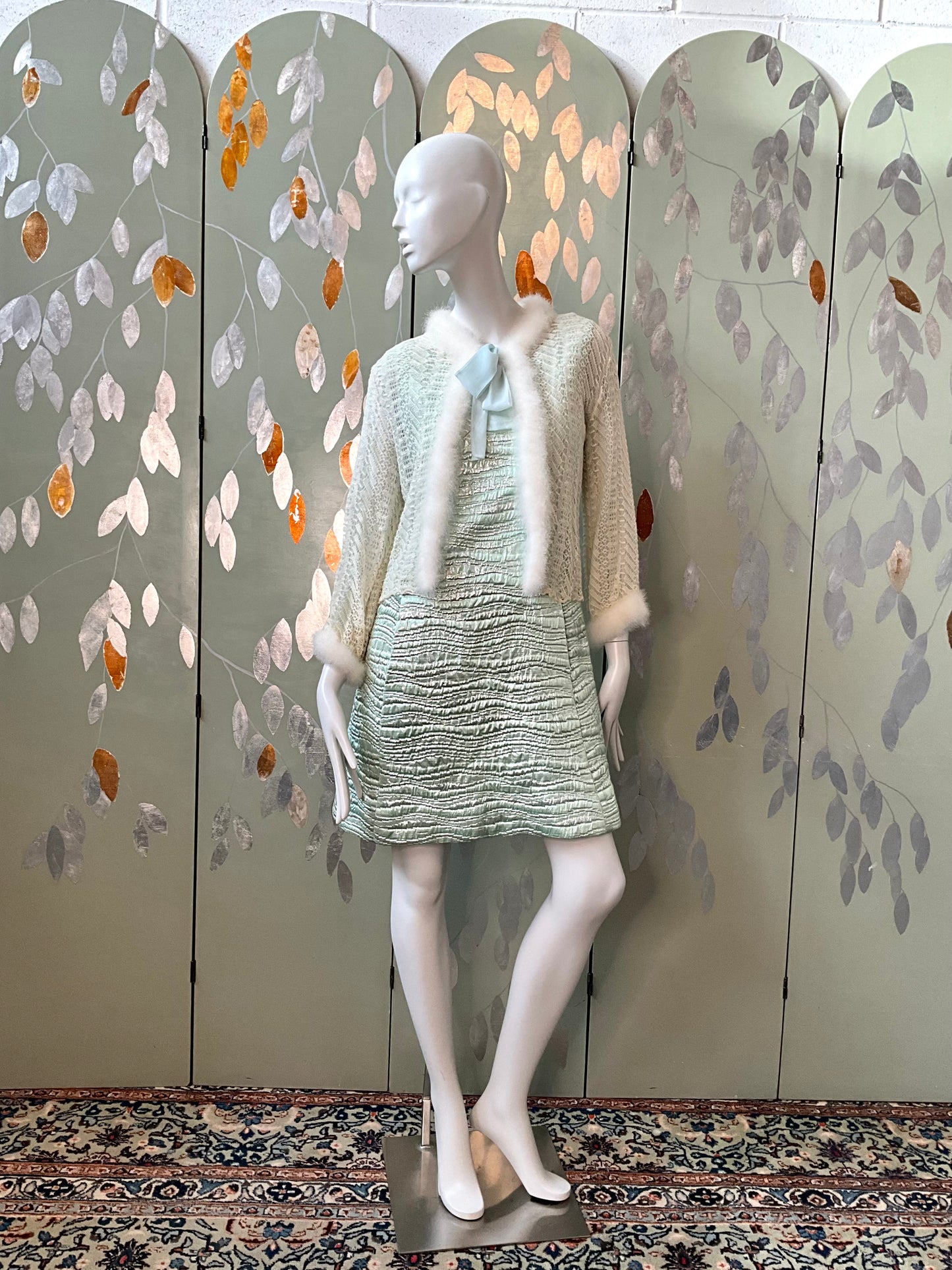 Vintage 1950s Cream and Blue Knit Bed Jacket with Marabou Trim, Small 