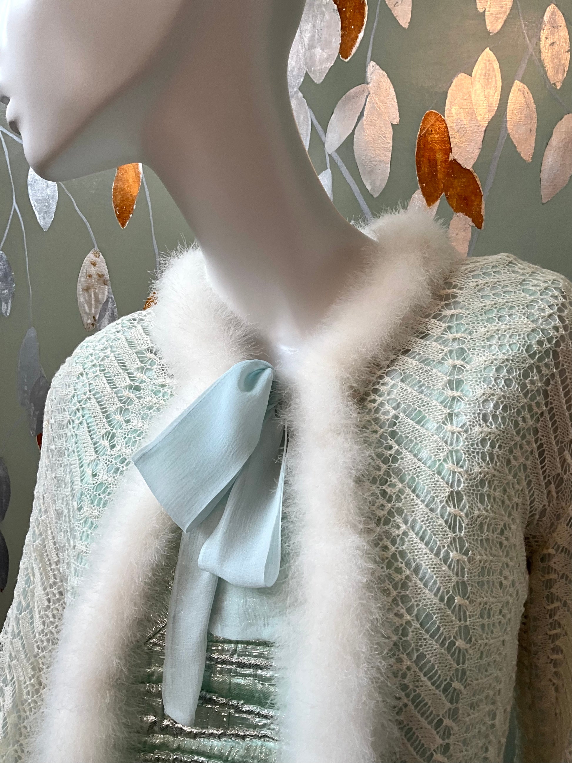 Vintage 1950s Cream and Blue Knit Bed Jacket with Marabou Trim, Small 