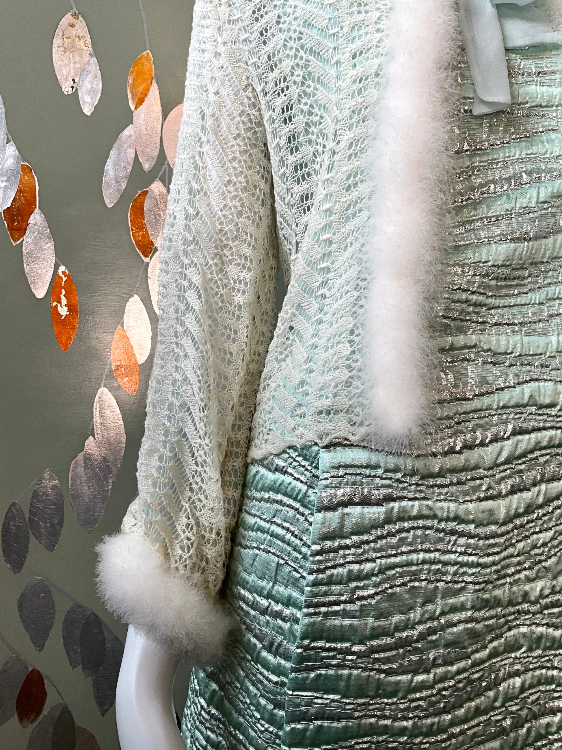 Vintage 1950s Cream and Blue Knit Bed Jacket with Marabou Trim, Small 