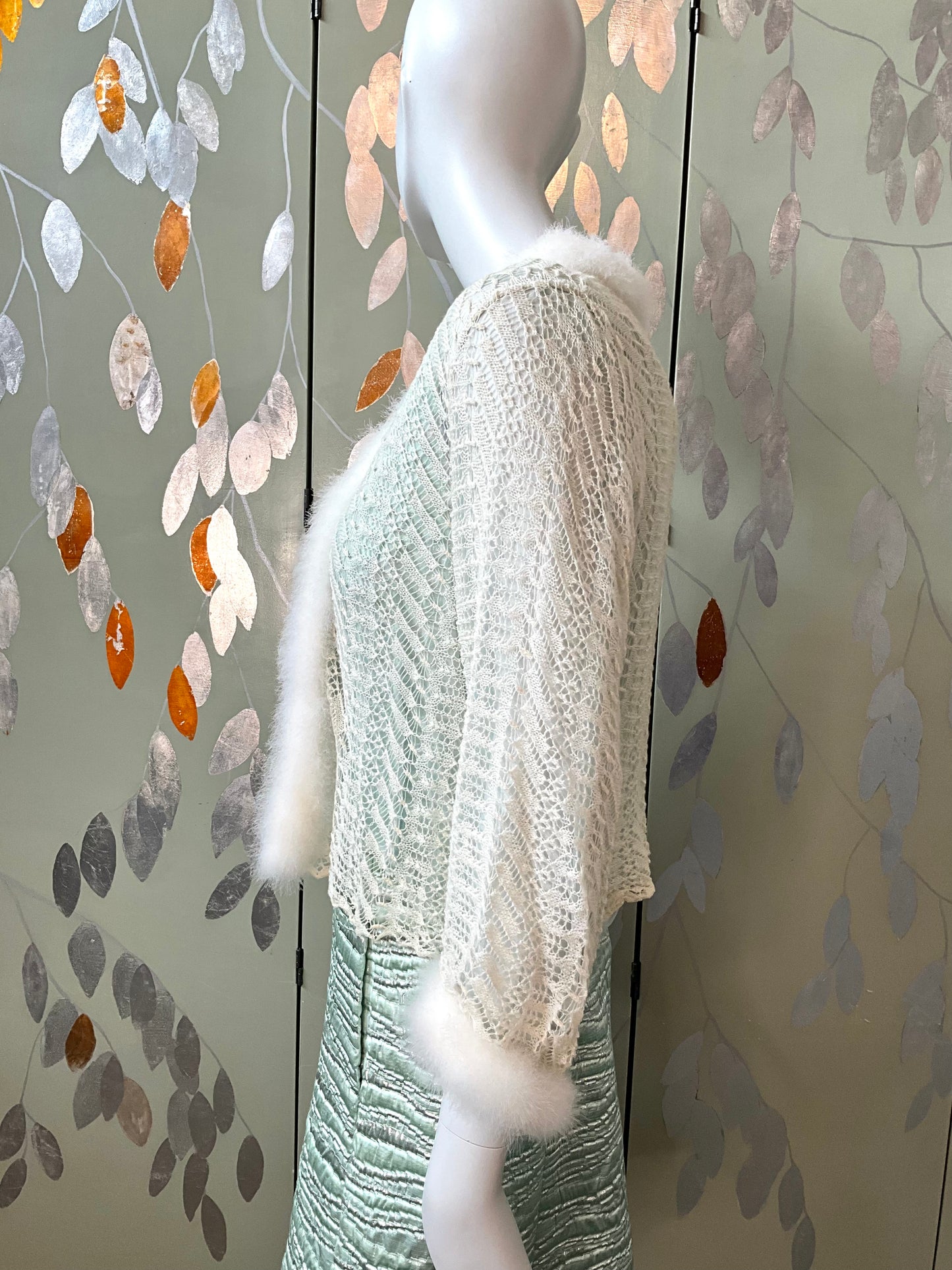 Vintage 1950s Cream and Blue Knit Bed Jacket with Marabou Trim, Small 