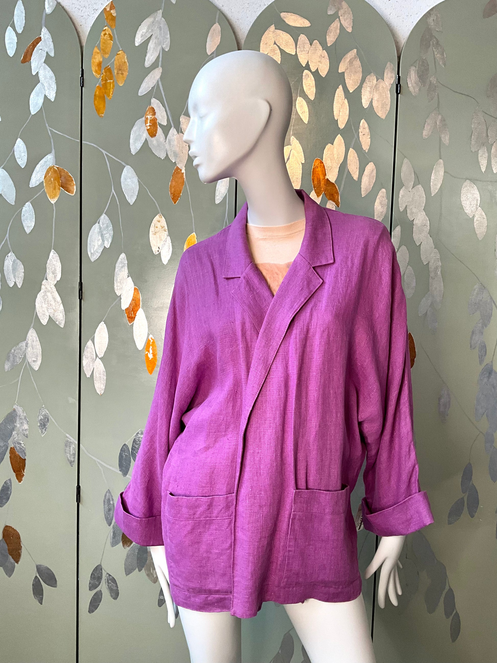 Vintage 1990s Gene Ewing Purple Linen Open Front Blazer Jacket 