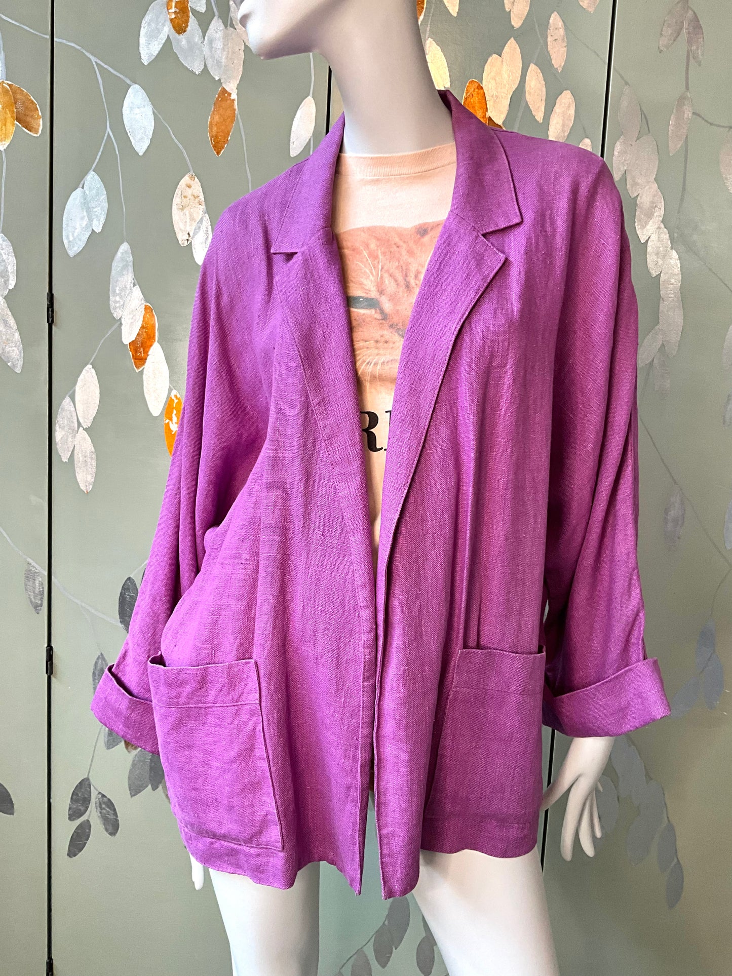 Vintage 1990s Gene Ewing Purple Linen Open Front Blazer Jacket 