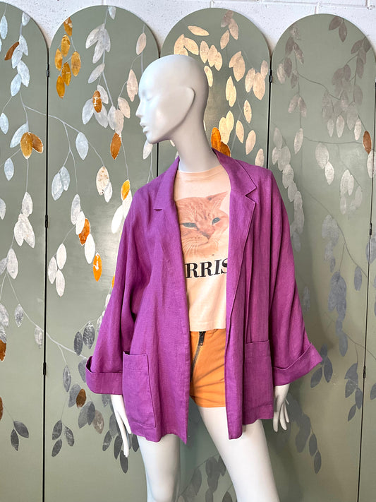 Vintage 1990s Gene Ewing Purple Linen Open Front Blazer Jacket 