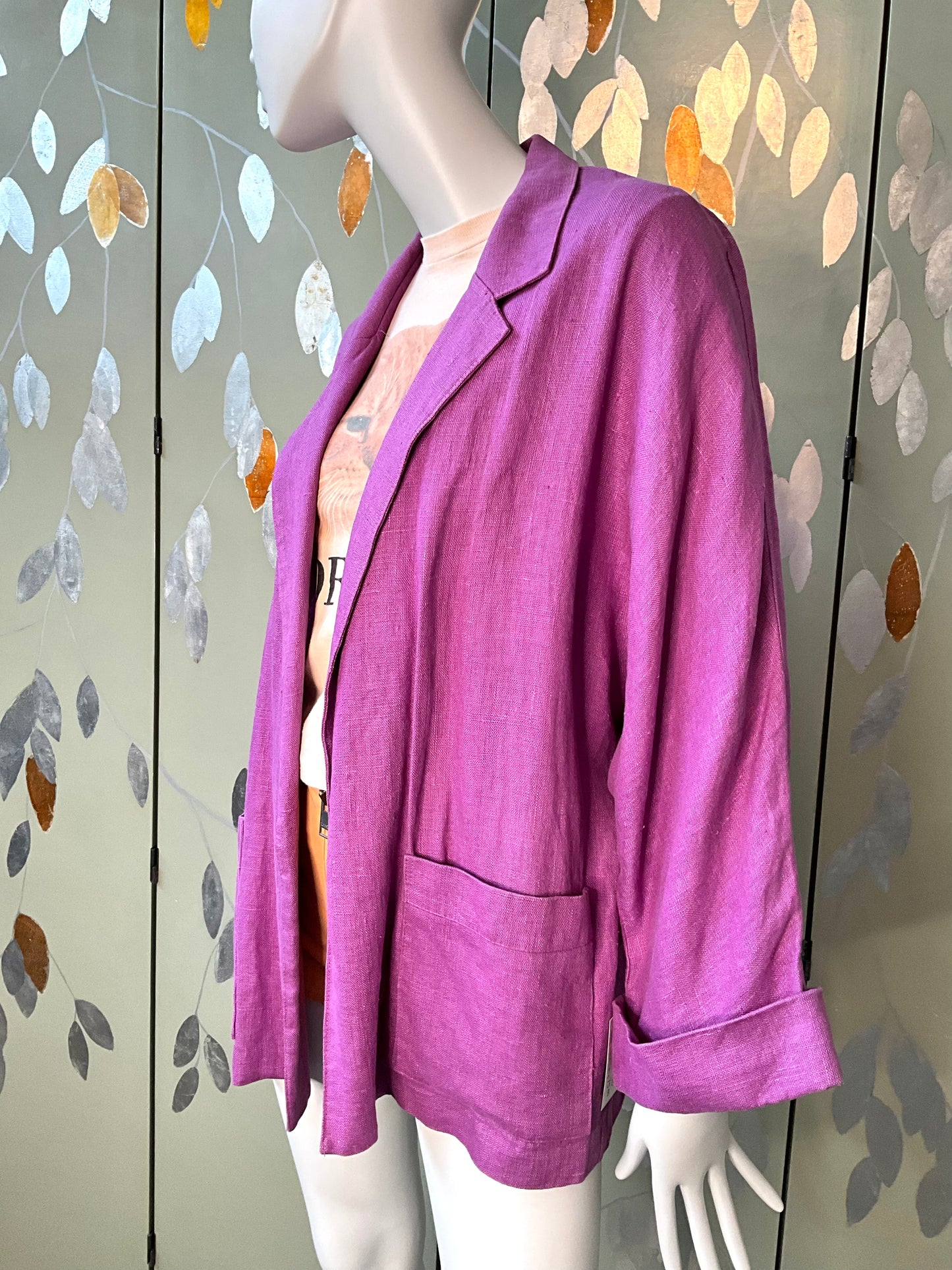 Vintage 1990s Gene Ewing Purple Linen Open Front Blazer Jacket 