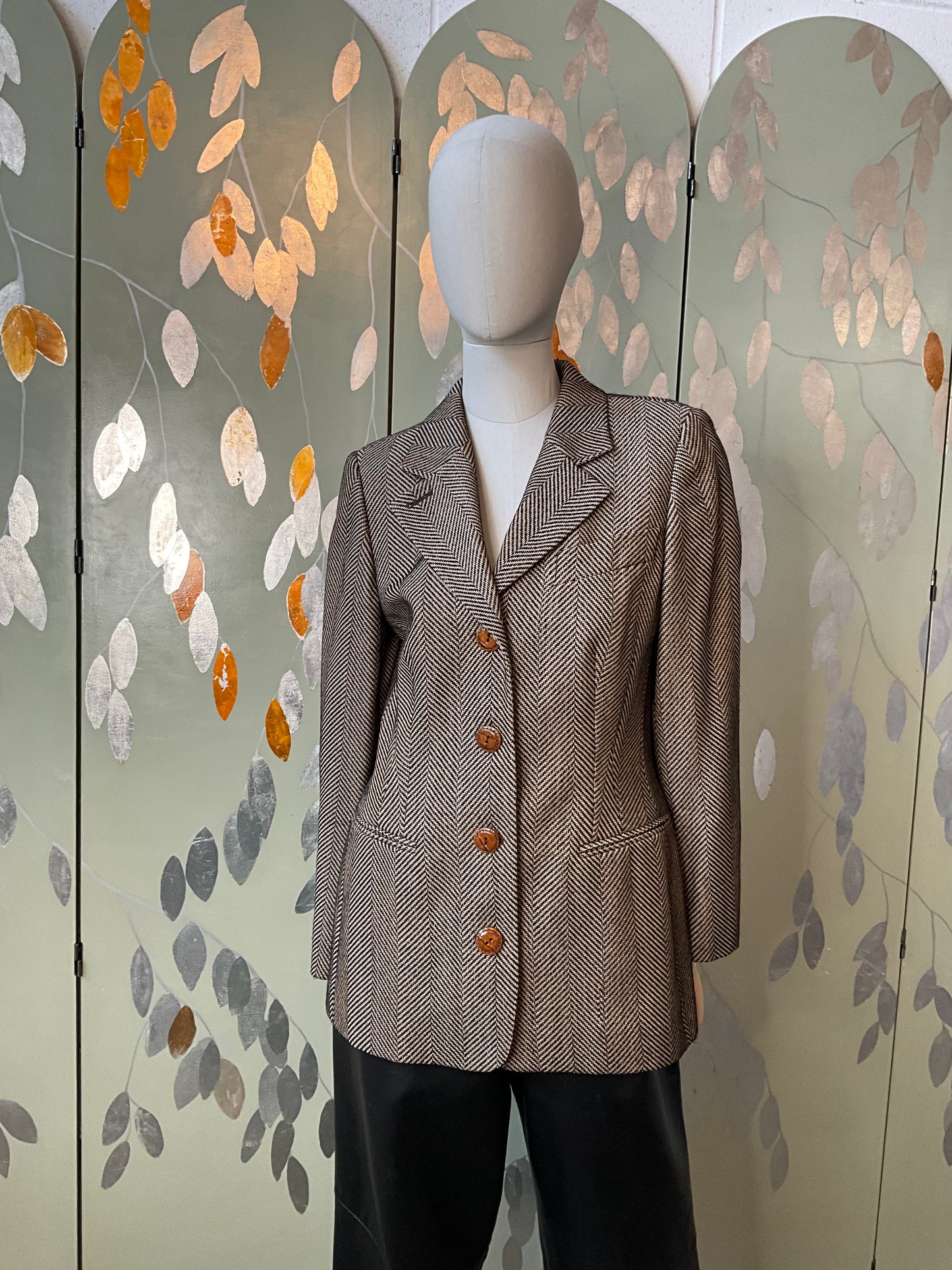 Vintage 1980s Gianfranco Ferré Brown & Black Herringbone Wool Blazer, M-L