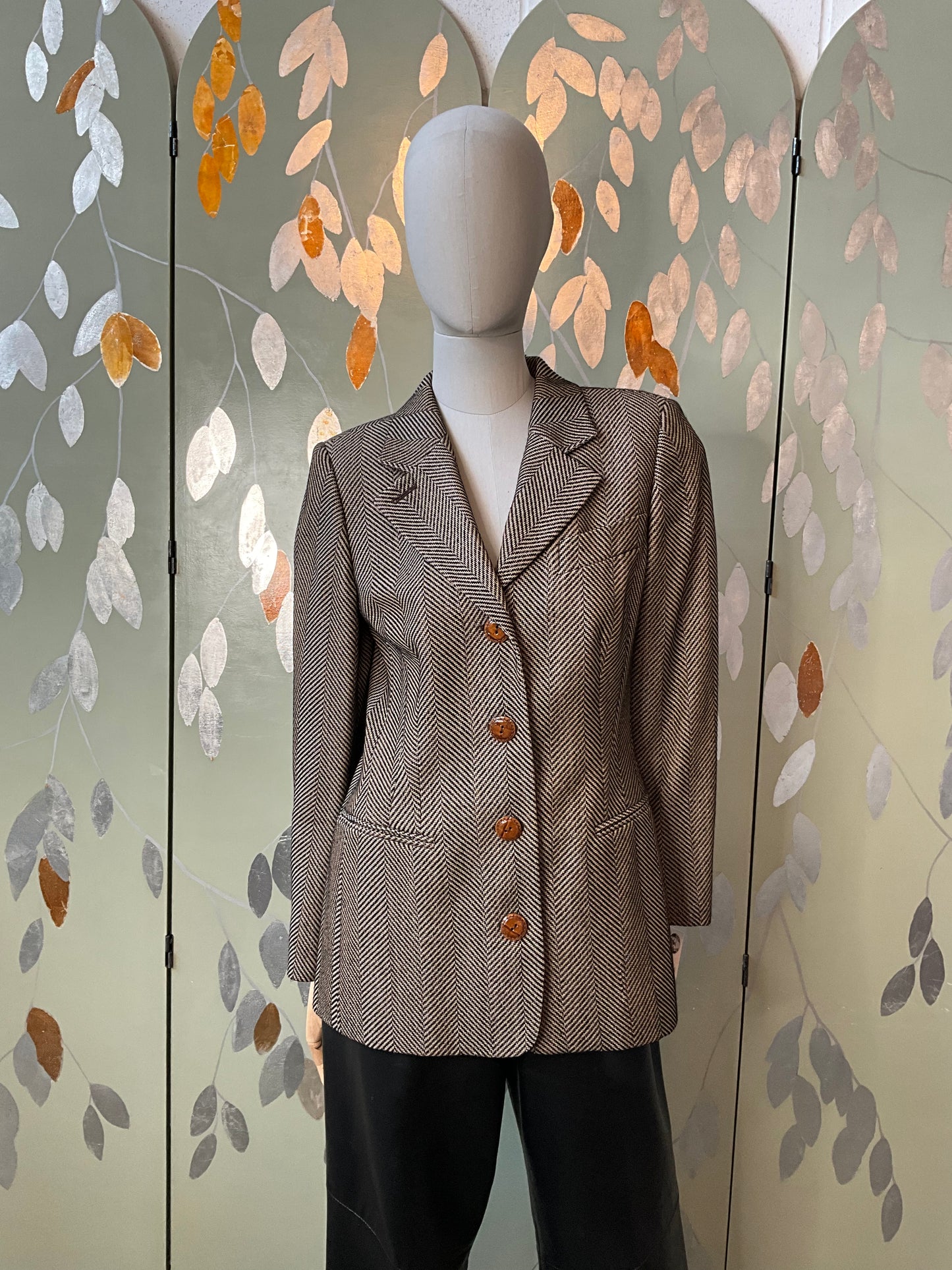 Vintage 1980s Gianfranco Ferré Brown & Black Herringbone Wool Blazer, M-L