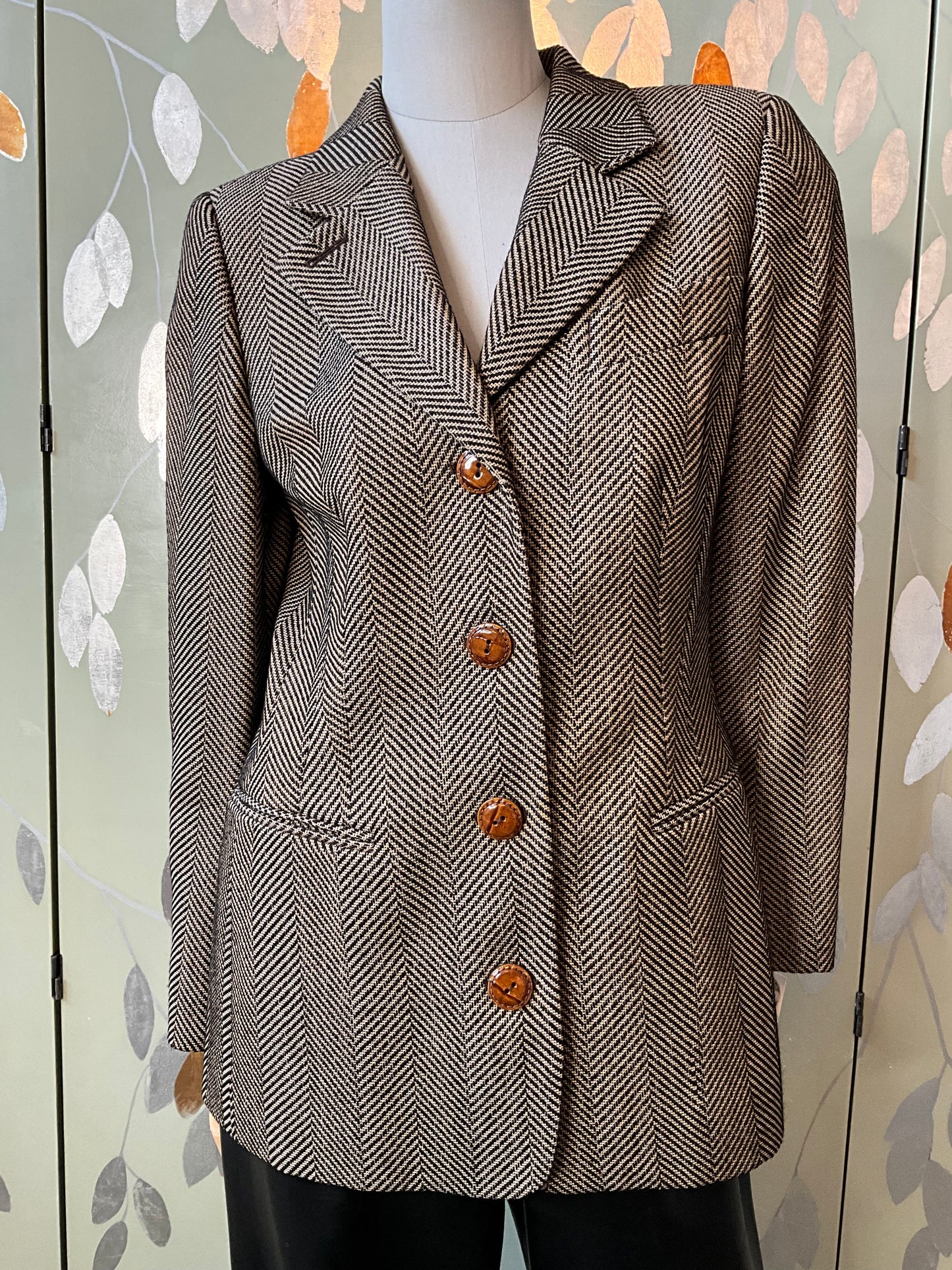 Vintage 1980s Gianfranco Ferré Brown & Black Herringbone Wool Blazer, M-L