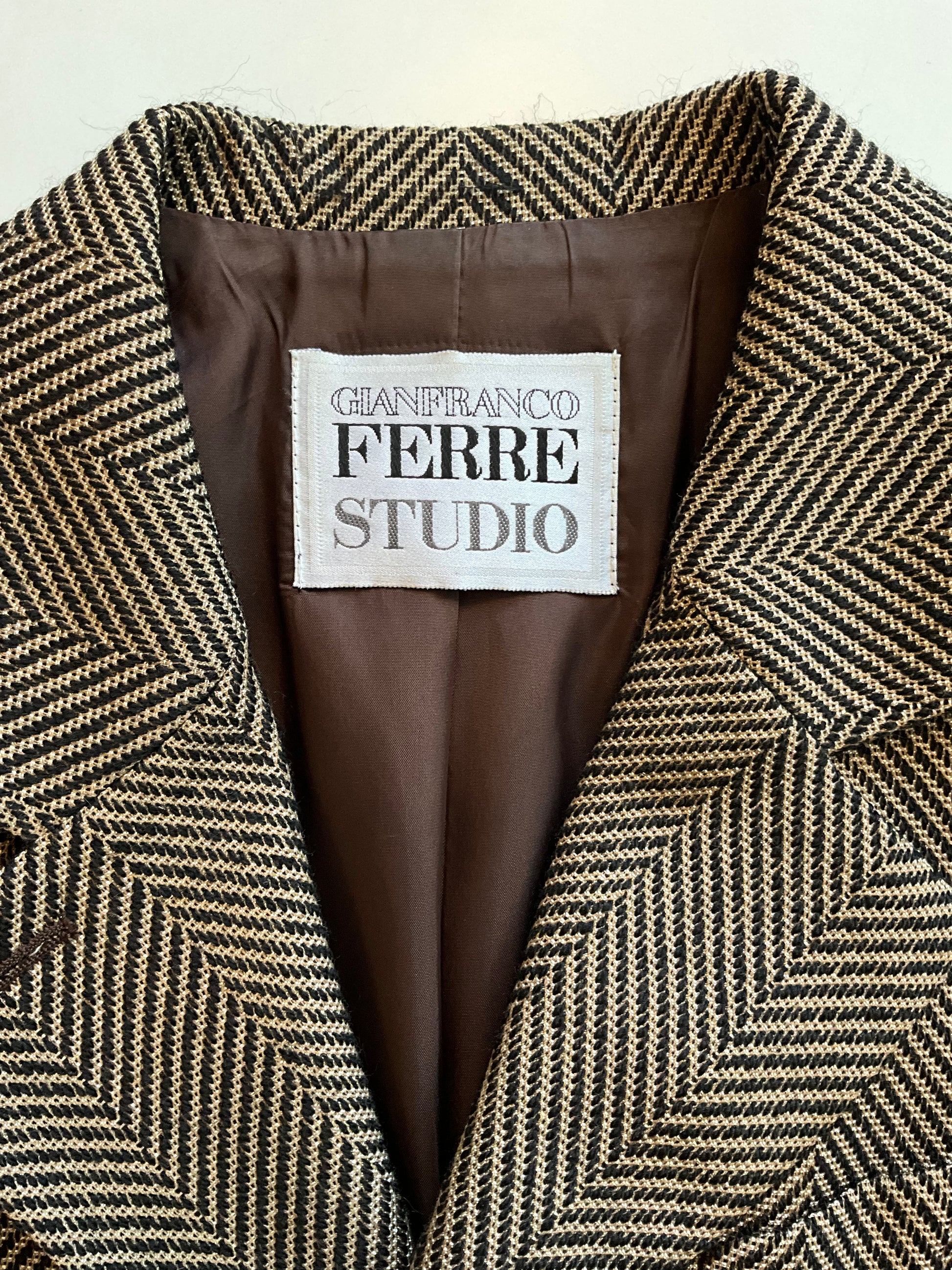 Vintage 1980s Gianfranco Ferré Brown & Black Herringbone Wool Blazer, M-L