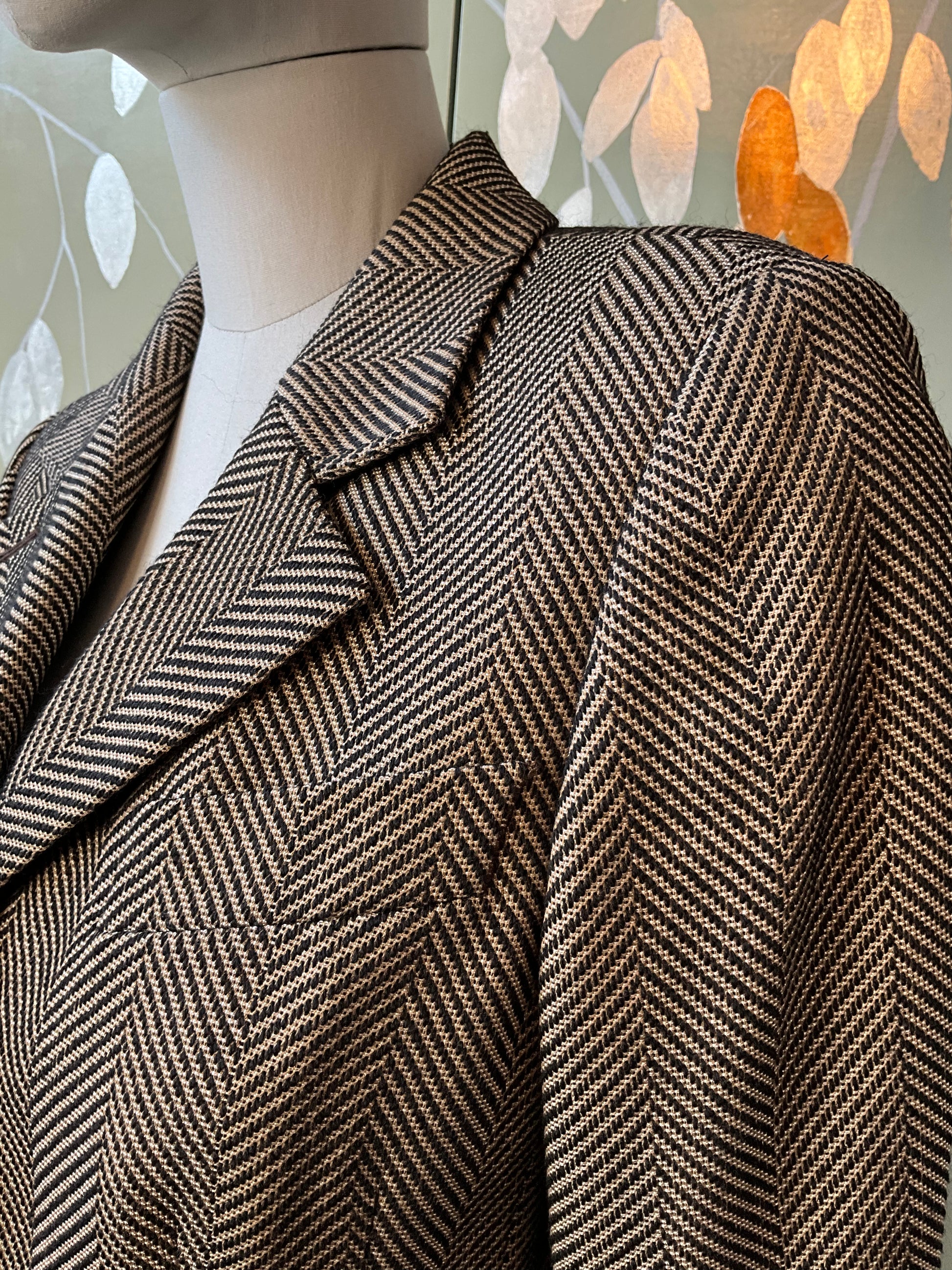 Vintage 1980s Gianfranco Ferré Brown & Black Herringbone Wool Blazer, M-L