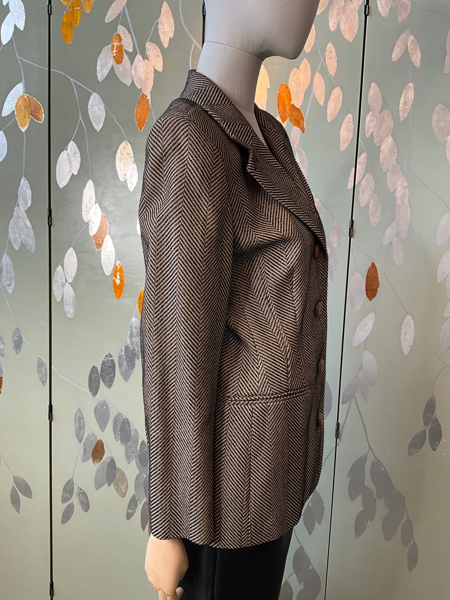 Vintage 1980s Gianfranco Ferré Brown & Black Herringbone Wool Blazer, M-L