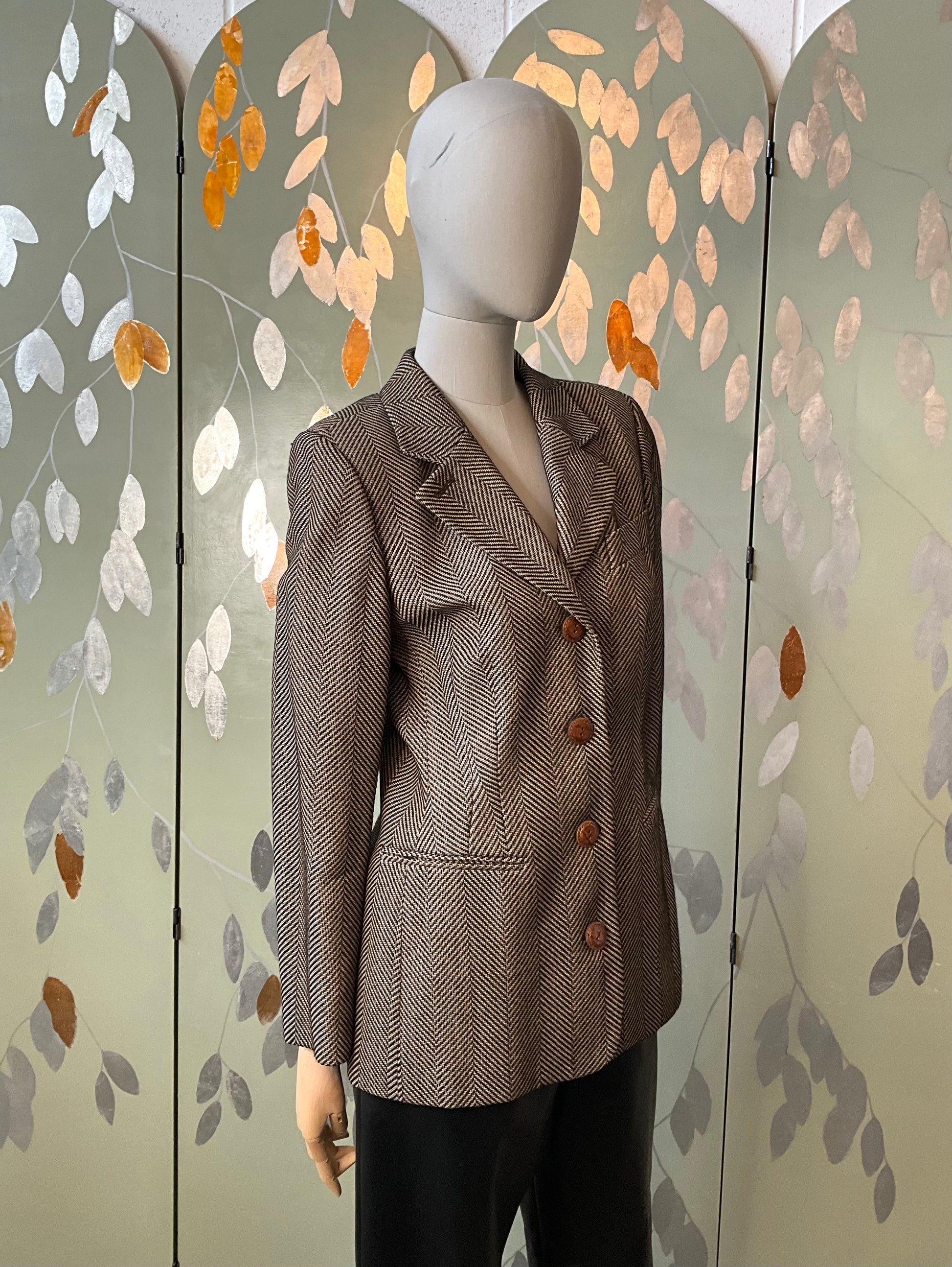 Vintage 1980s Gianfranco Ferré Brown & Black Herringbone Wool Blazer, M-L