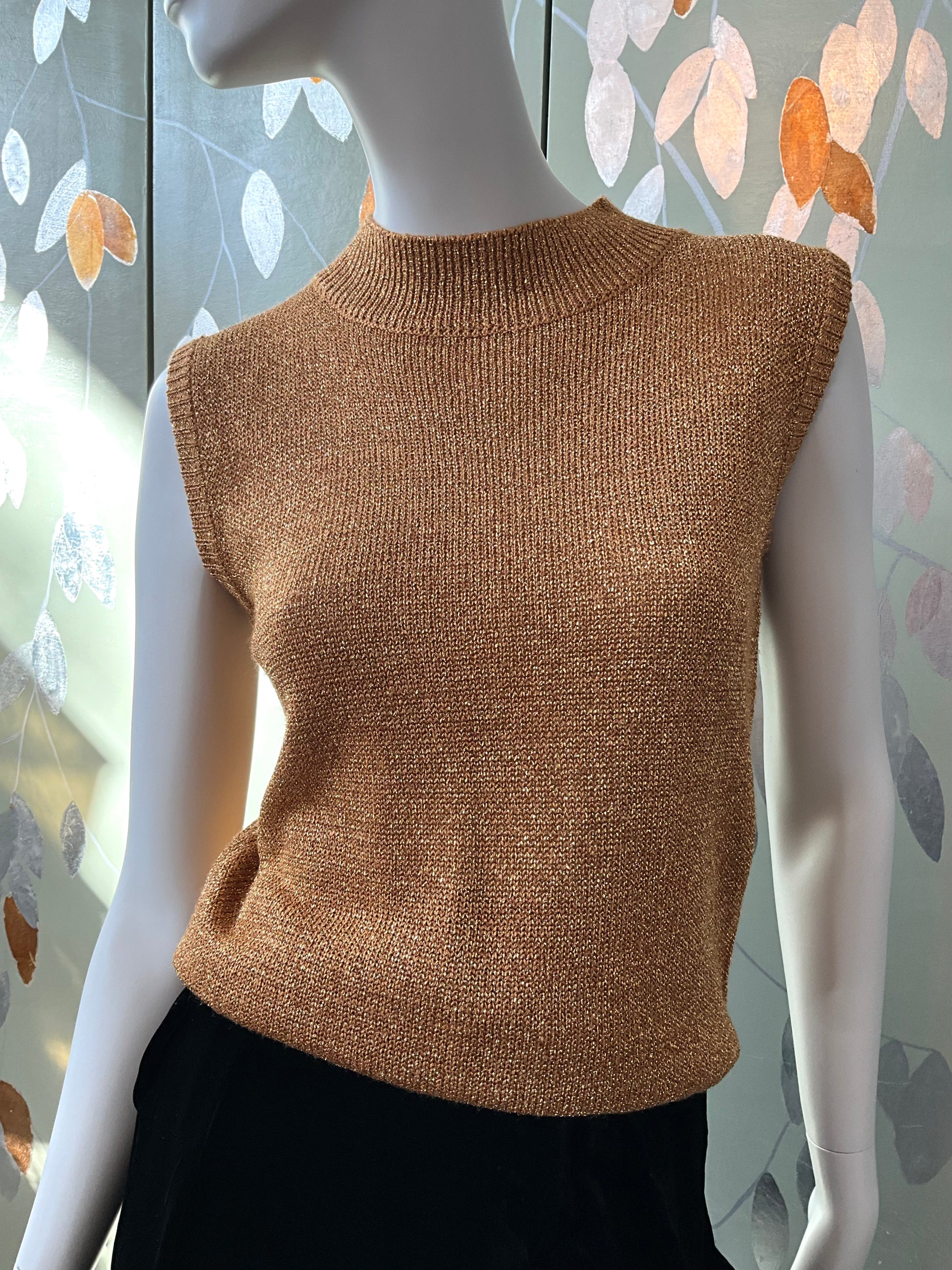 Vintage 1990s Gold Mock Neck Sleeveless Knit Top, S-M