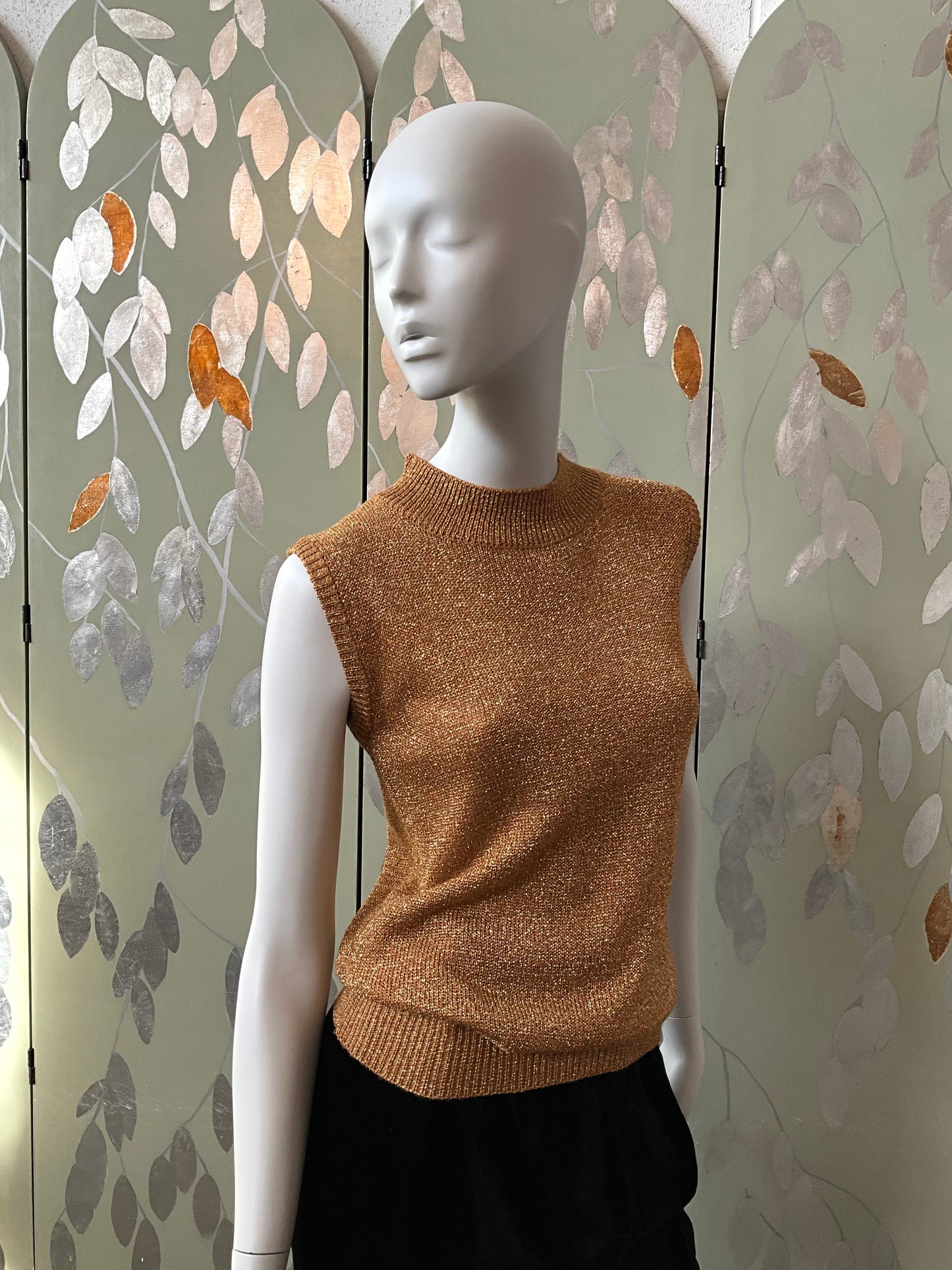 Vintage 1990s Gold Mock Neck Sleeveless Knit Top, S-M