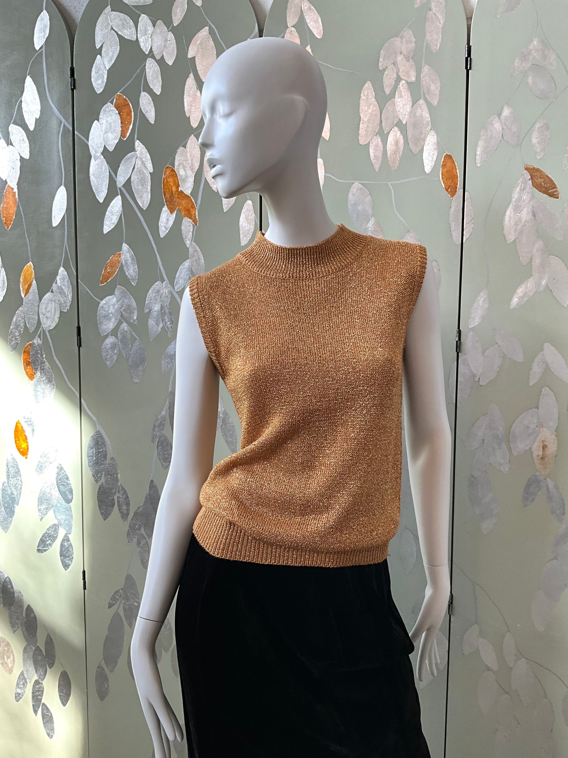 Vintage 1990s Gold Mock Neck Sleeveless Knit Top, S-M