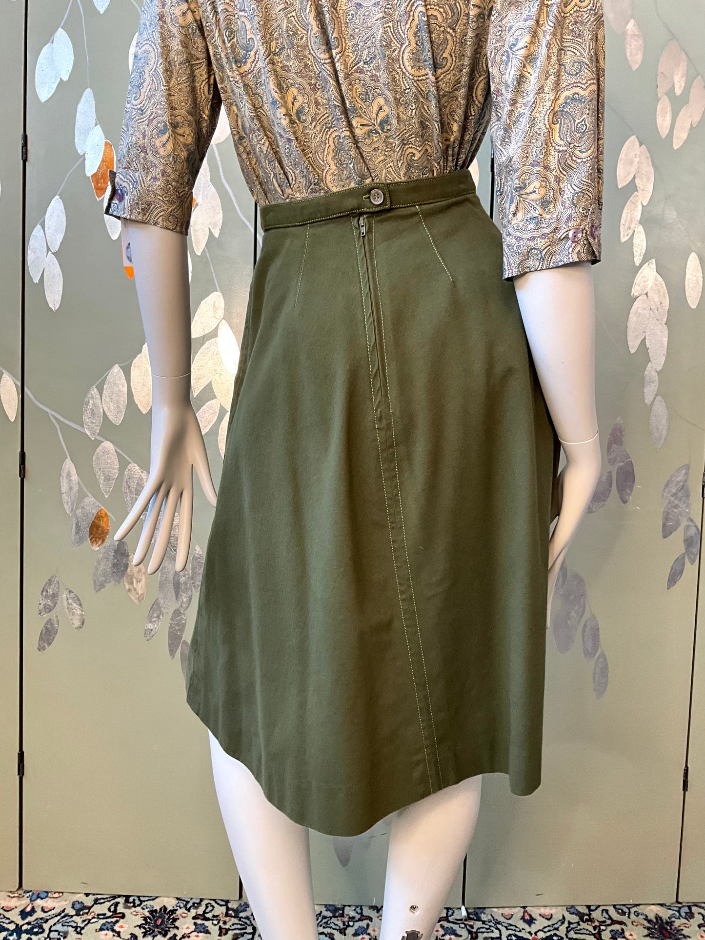 Vintage 1970s Green Cotton A-Line Midi Skirt, W25