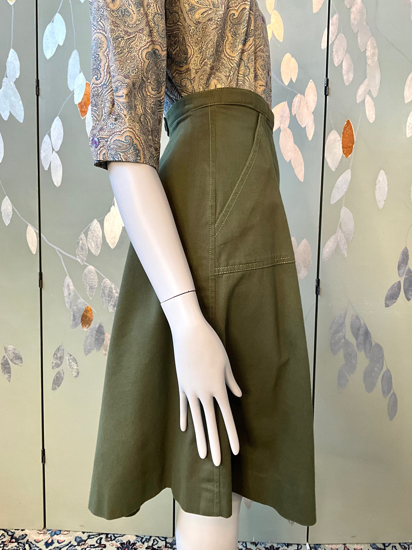 Vintage 1970s Green Cotton A-Line Midi Skirt, W25