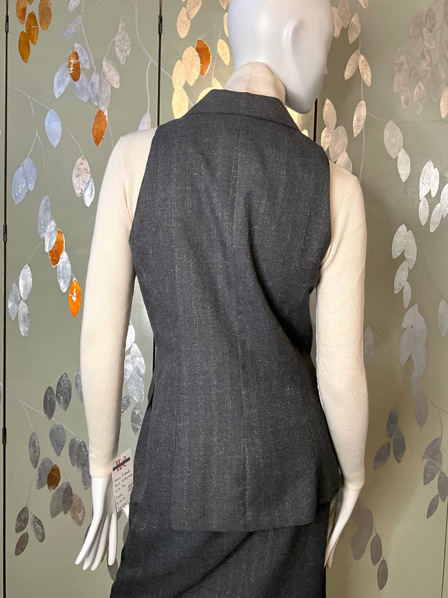 Vintage 1980s Grey Metallic Pinstripe Skirt and Waistcoat Suit, Medium 