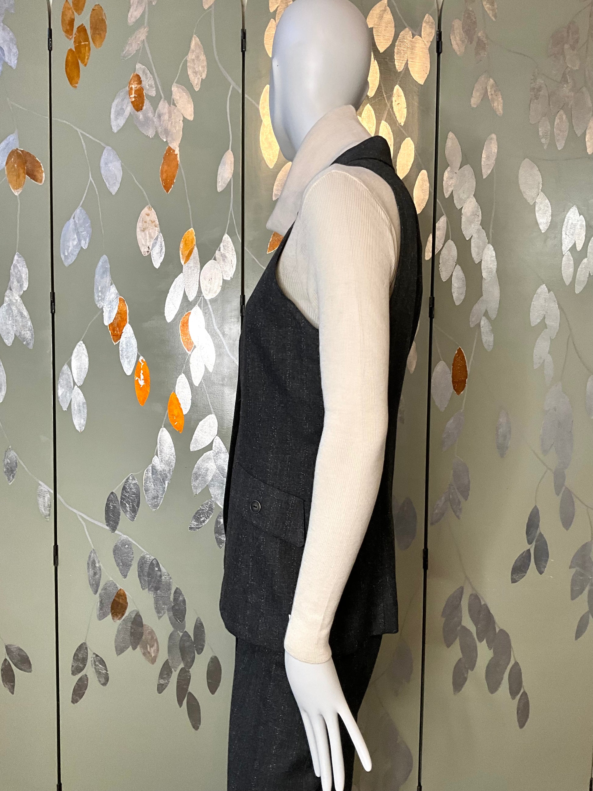 Vintage 1980s Grey Metallic Pinstripe Skirt and Waistcoat Suit, Medium 