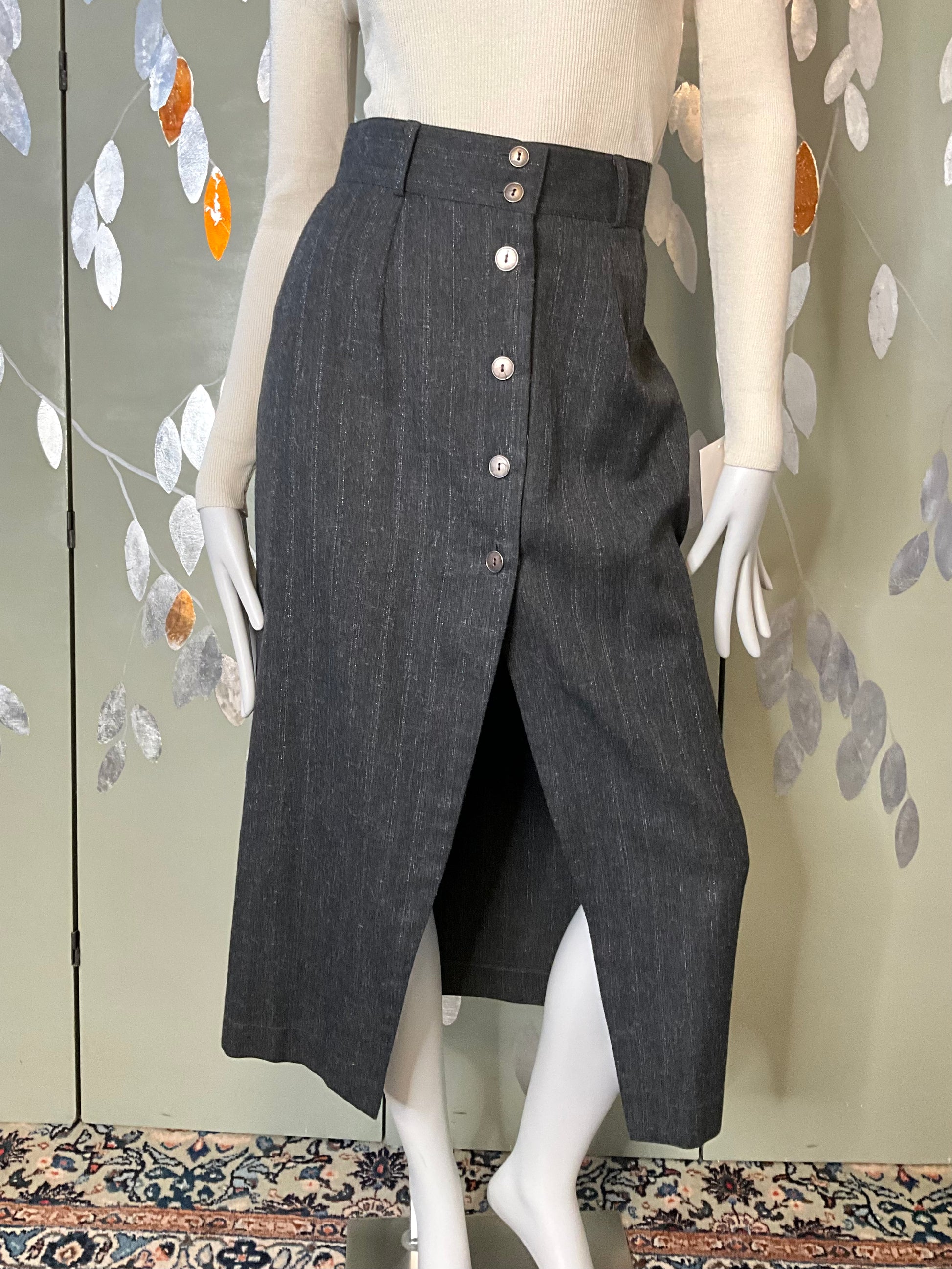 Vintage 1980s Grey Metallic Pinstripe Skirt and Waistcoat Suit, Medium 