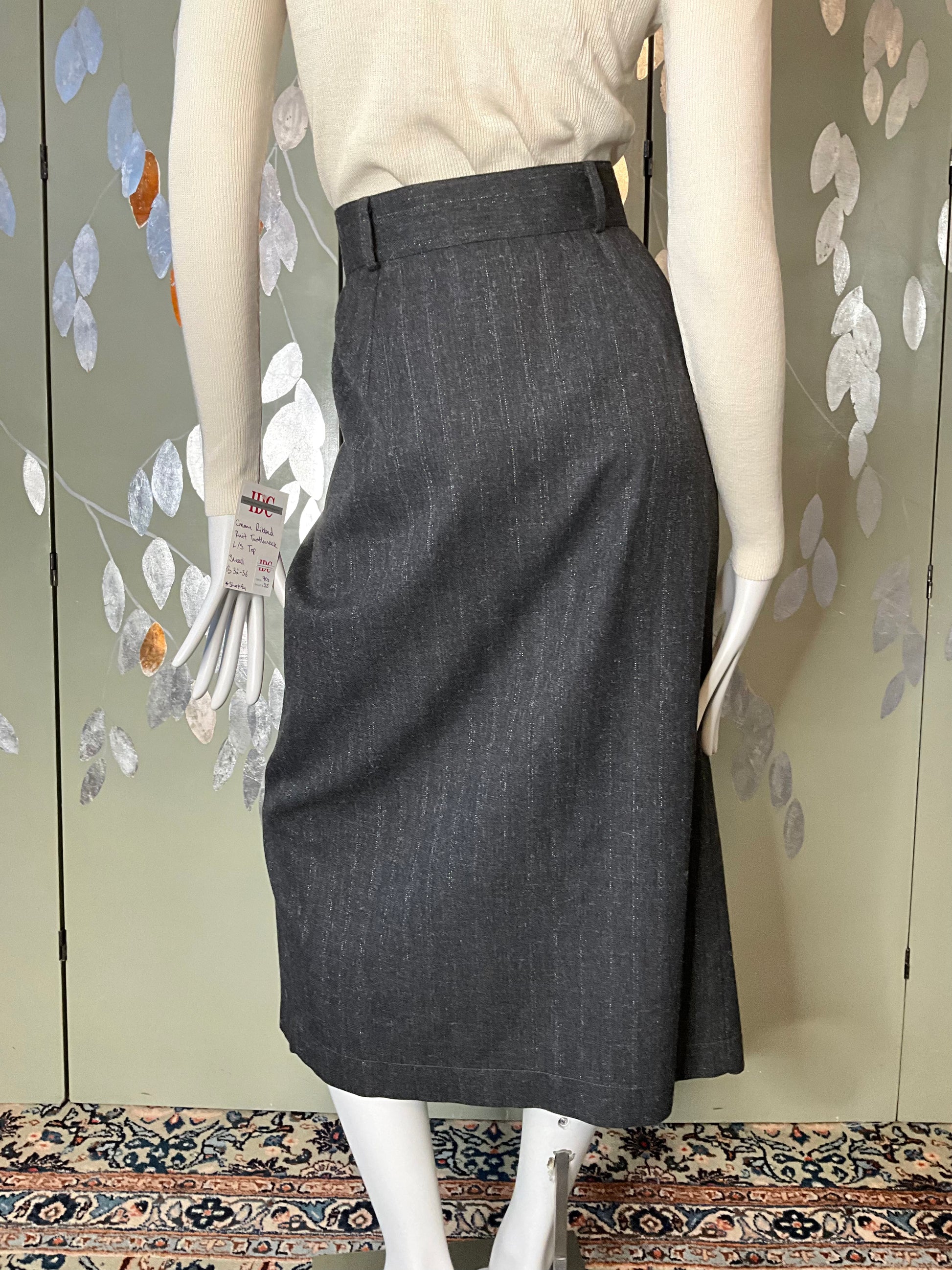 Vintage 1980s Grey Metallic Pinstripe Skirt and Waistcoat Suit, Medium 