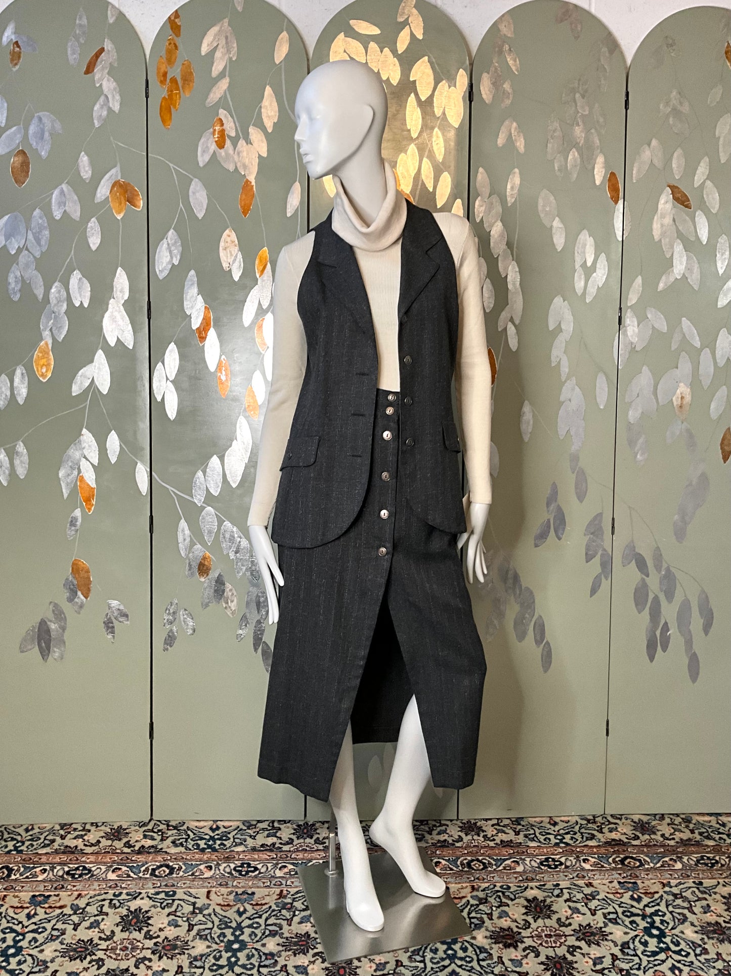 Vintage 1980s Grey Metallic Pinstripe Skirt and Waistcoat Suit, Medium 