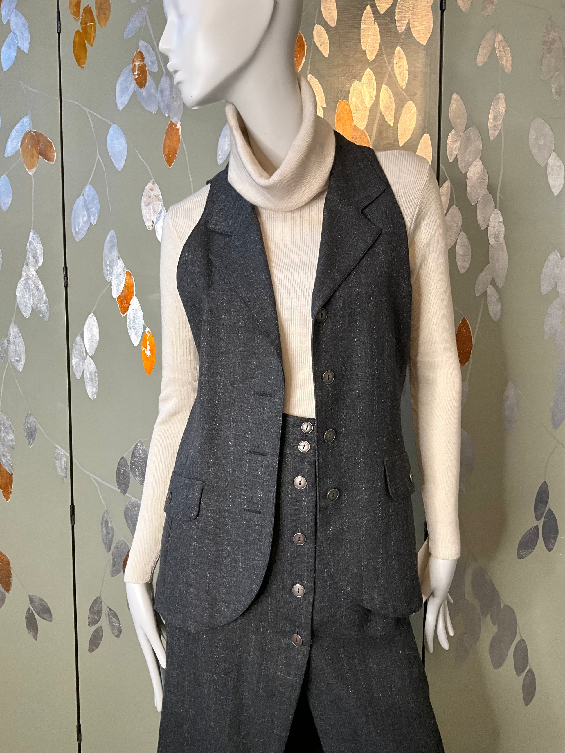 Vintage 1980s Grey Metallic Pinstripe Skirt and Waistcoat Suit, Medium 