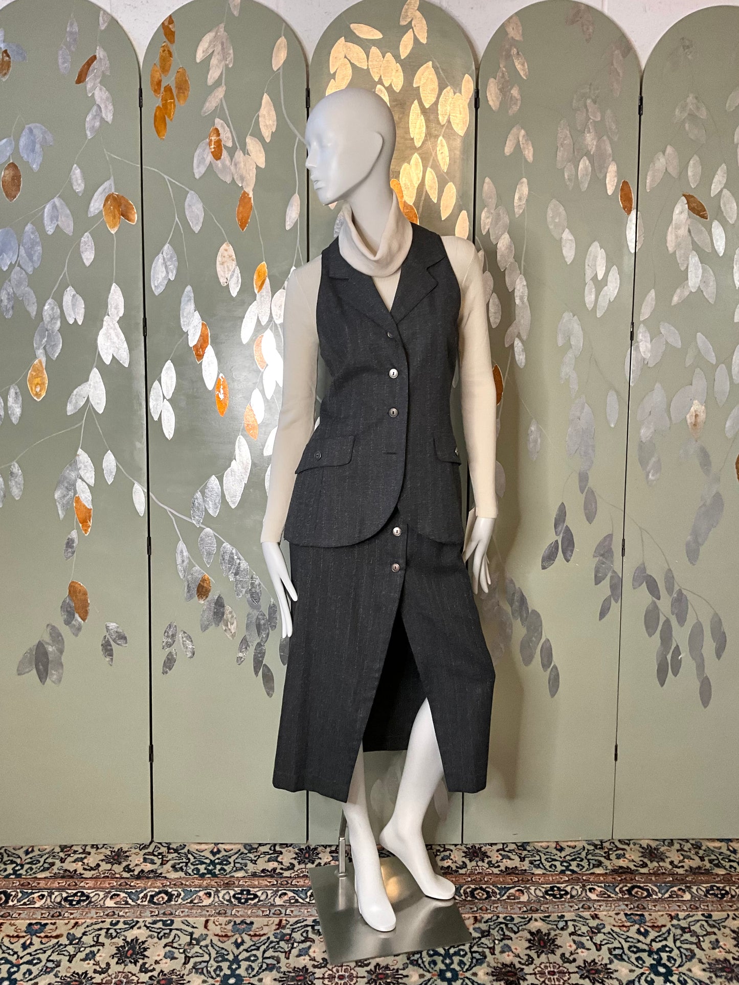 Vintage 1980s Grey Metallic Pinstripe Skirt and Waistcoat Suit, Medium 