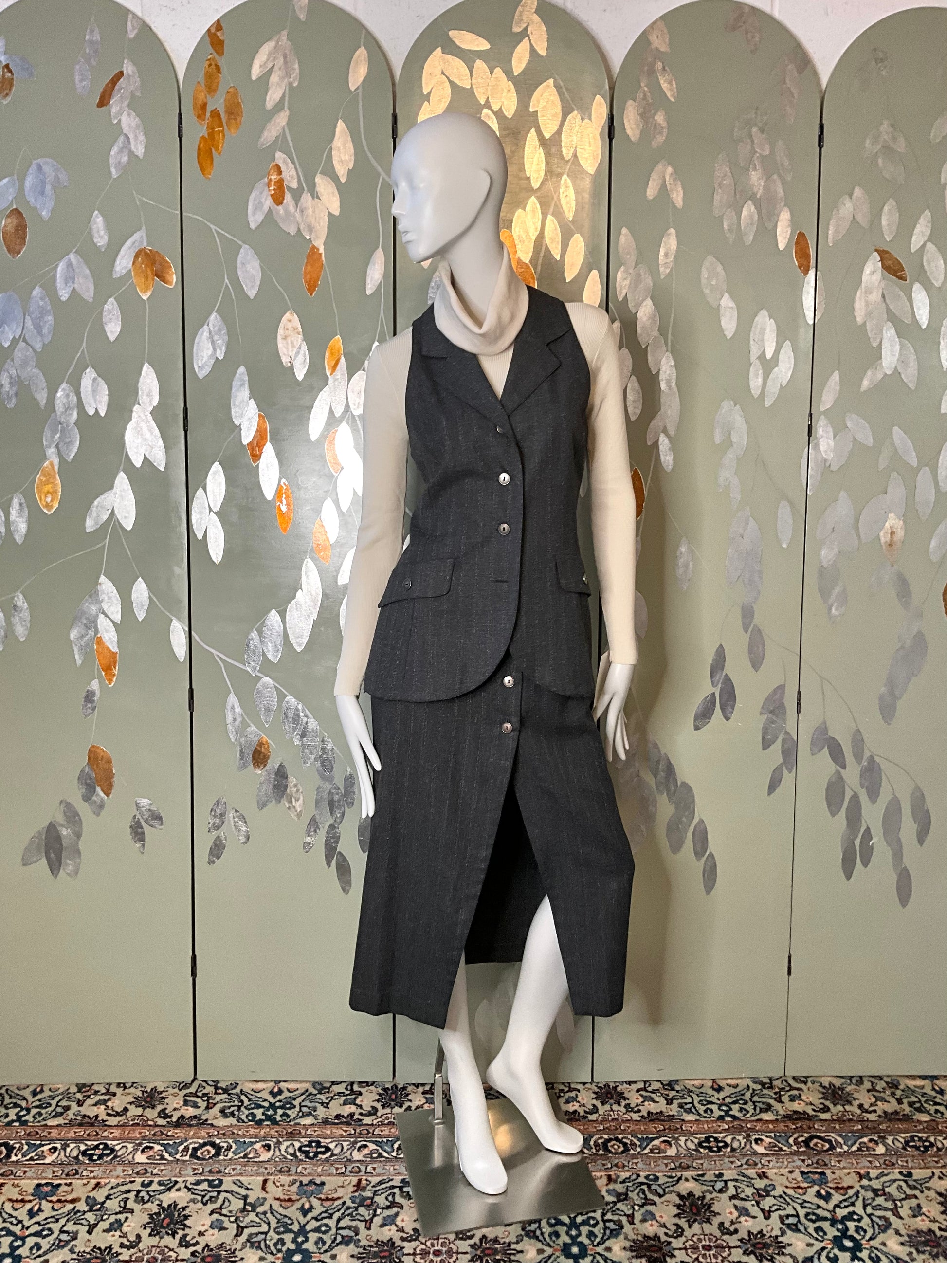 Vintage 1980s Grey Metallic Pinstripe Skirt and Waistcoat Suit, Medium 