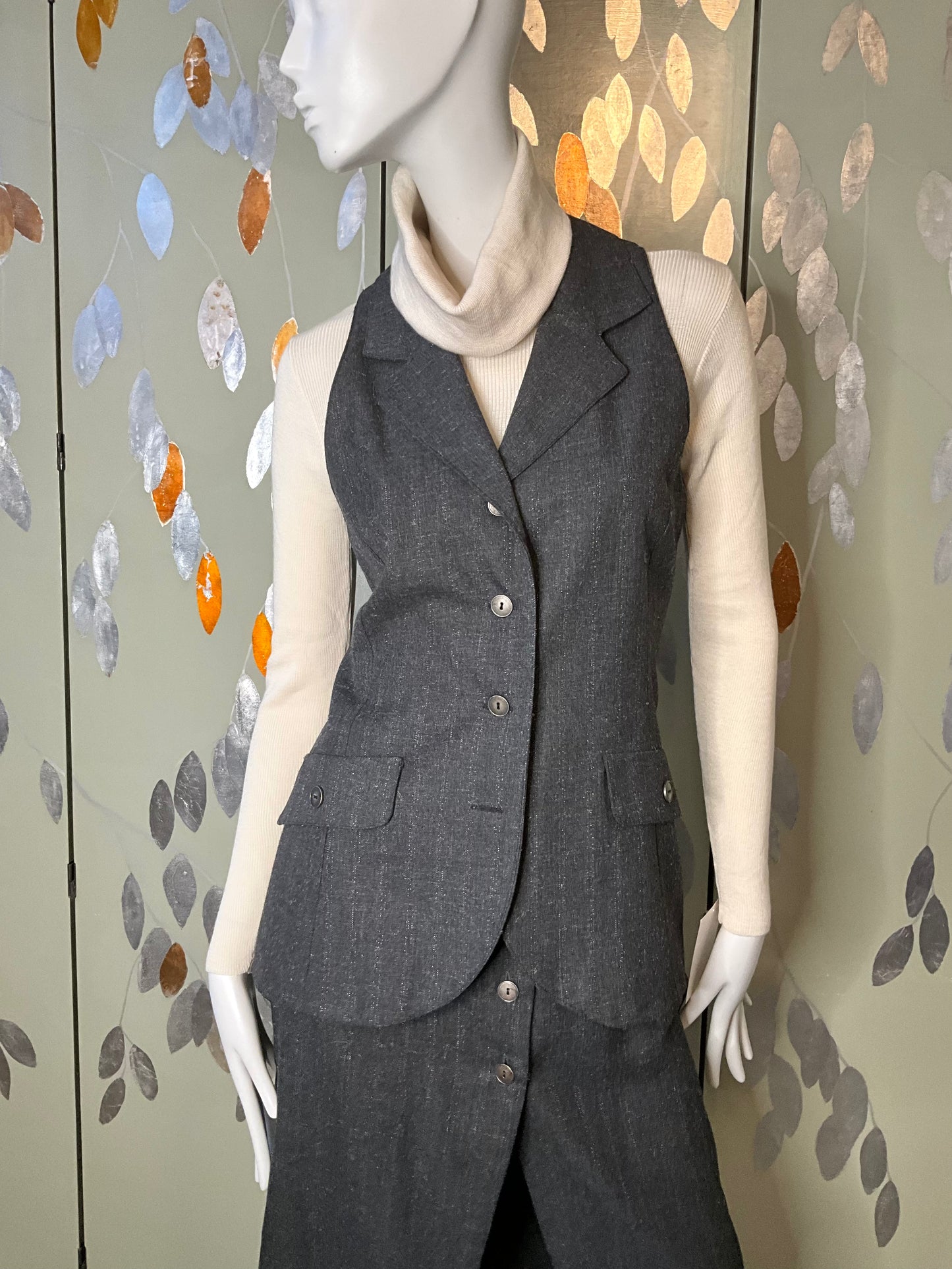 Vintage 1980s Grey Metallic Pinstripe Skirt and Waistcoat Suit, Medium 