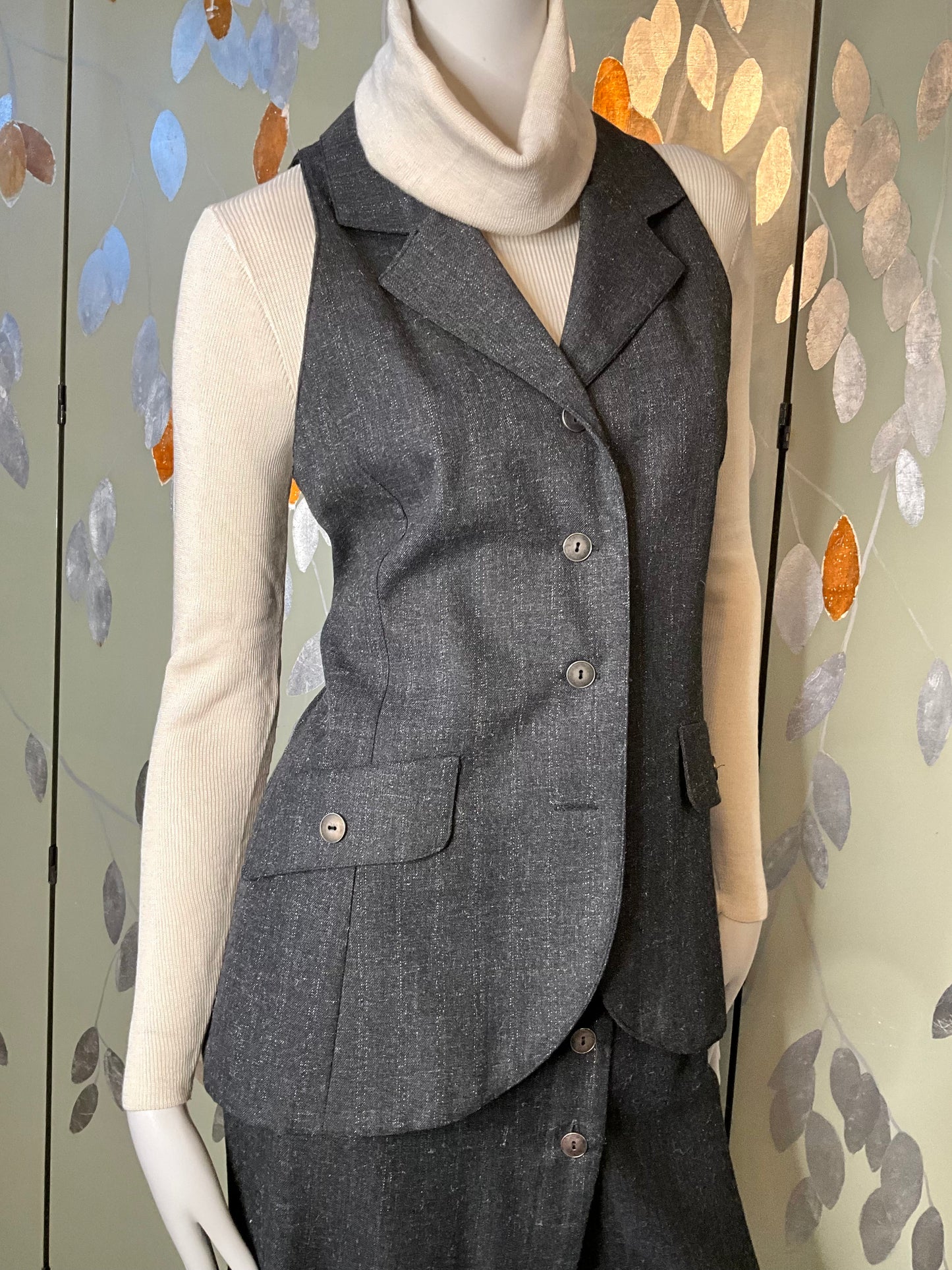 Vintage 1980s Grey Metallic Pinstripe Skirt and Waistcoat Suit, Medium 