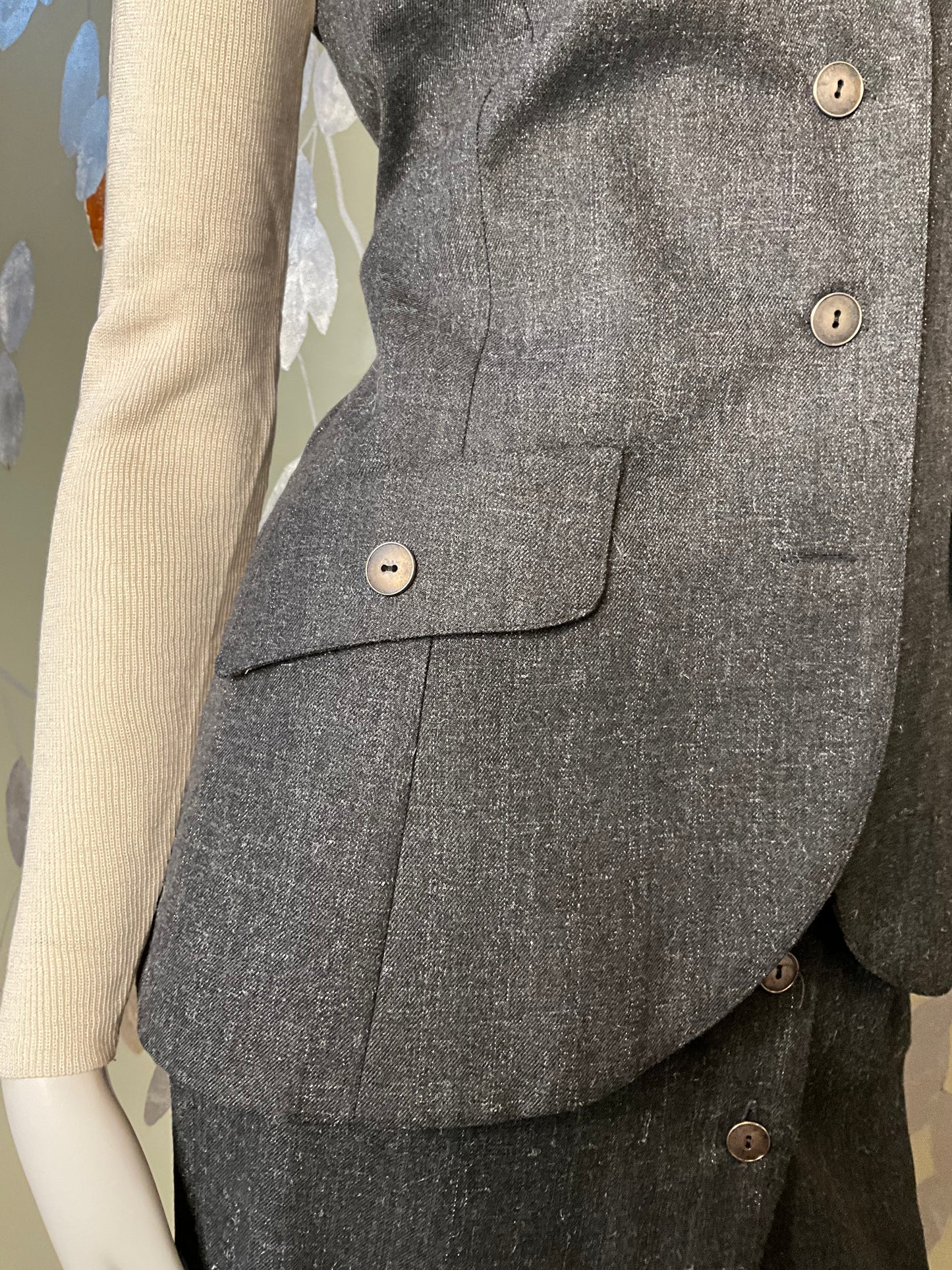 Vintage 1980s Grey Metallic Pinstripe Skirt and Waistcoat Suit, Medium 