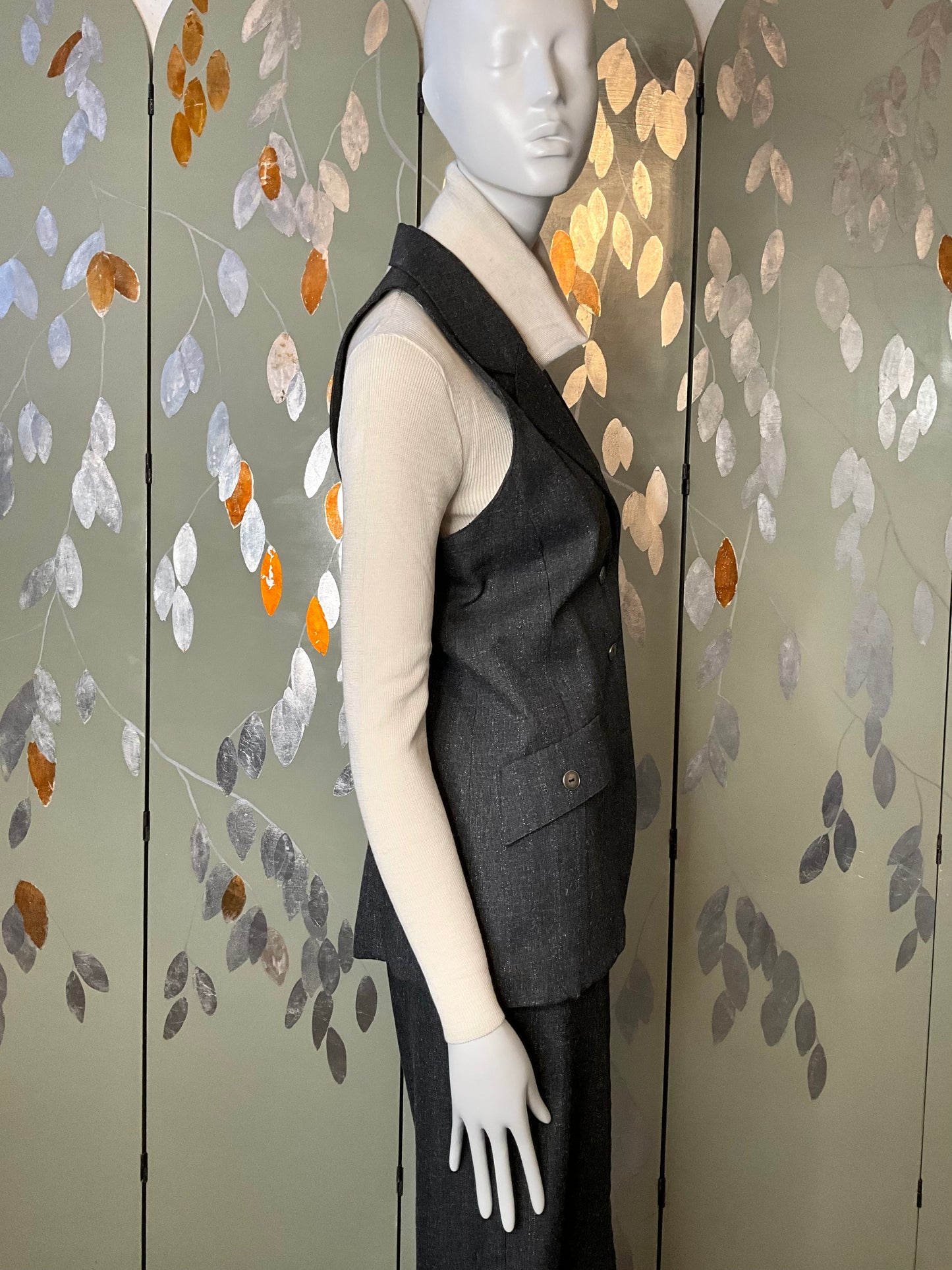 Vintage 1980s Grey Metallic Pinstripe Skirt and Waistcoat Suit, Medium 